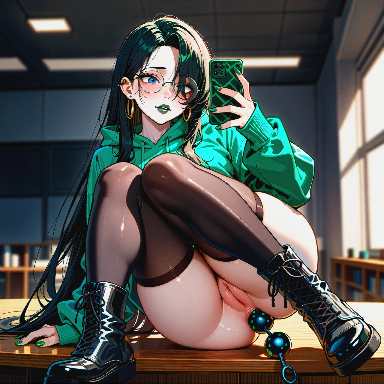 knee-high socks, dark black hair girl,dark black hair girl,dark black hair girl,extremly long hair, long hair, very long hair, hair long to the butt, steel frame glasses with large round lenses, , very dark green oversized hoodie, pale skin, (solo), (lean body:1.3), wasp waist, (hair covering left eye), erected cock, sit on table, black flat boots, office, blue eyes, blushing, horny, very dark green lipstick, full lips, long green nails,  takes a selfie, uses phone, ear rings, (spread_legs), pussy, detailed pussy, anal huge beads,