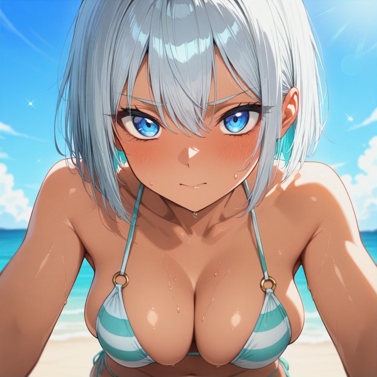 woman in a bikini, an anime drawing, silver haired, torri, material is!!! plum!!!, japanese animation style, slightly tanned, candy pastel, anime wallaper, 90's anime