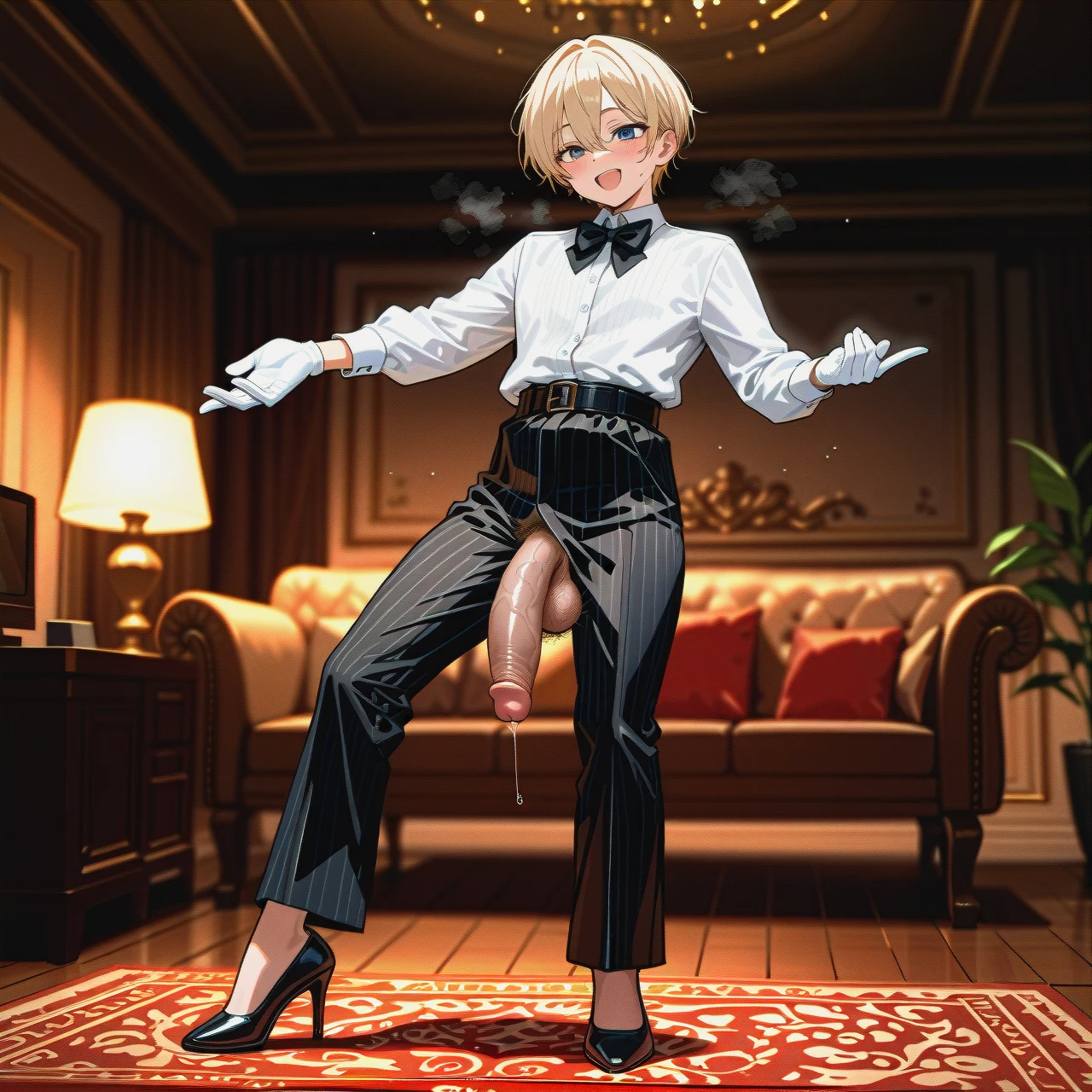 (futanari) (fat) (reverse_trap) white long sleeve shirt, bowtie, black striped belted ironed long wide trousers, white gloves, black high heels, living room, pokes penis, brown penis, hairy balls, tap dancing, wrinkled penis, phymosis