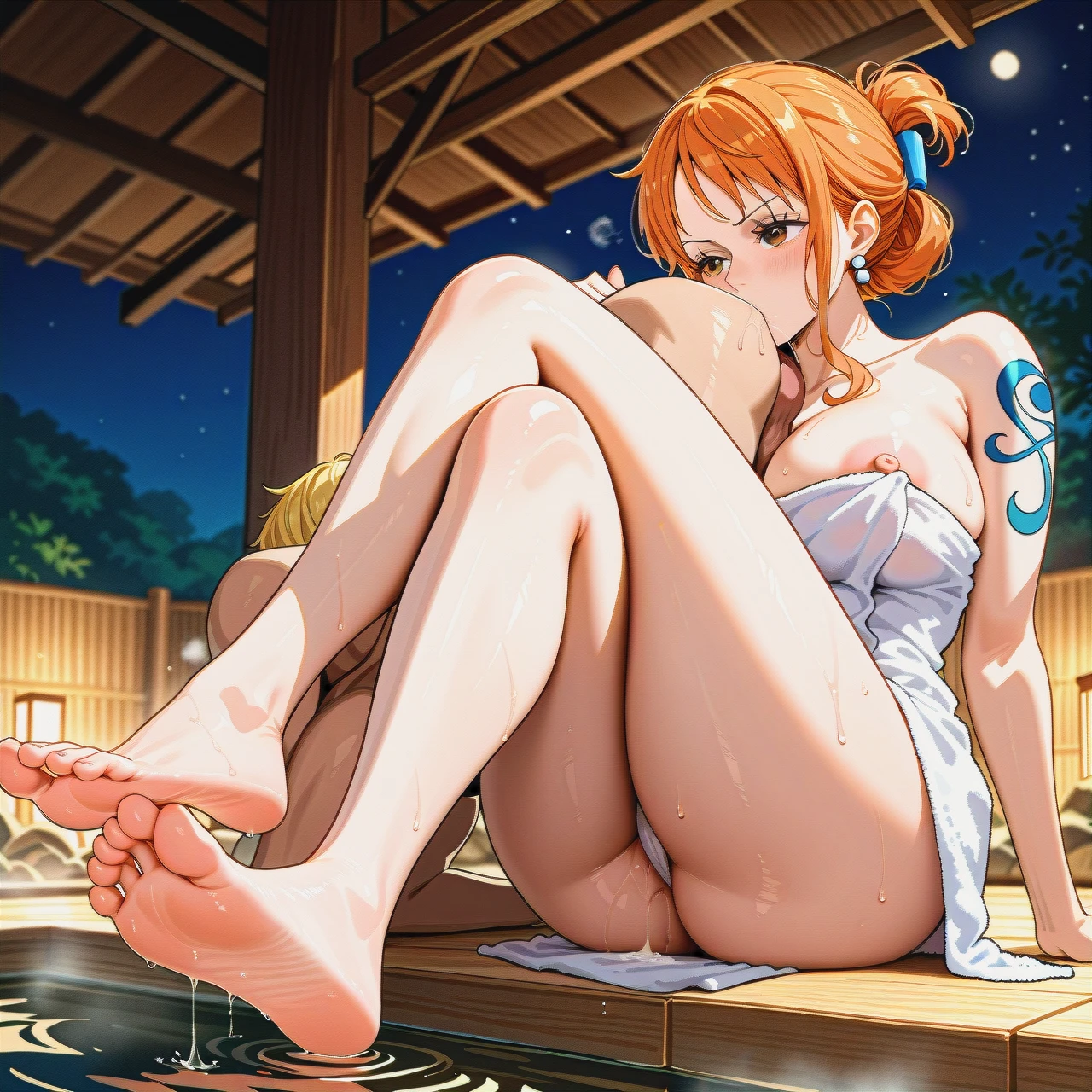 onsen, sole male, sole female, pulled back hairstyle, (nipple_slip) , towel, (crossed_legs), (mature_female) , @nami , (anilingus) , (smelling) precum, @sanji . shy male, full body (perspective)