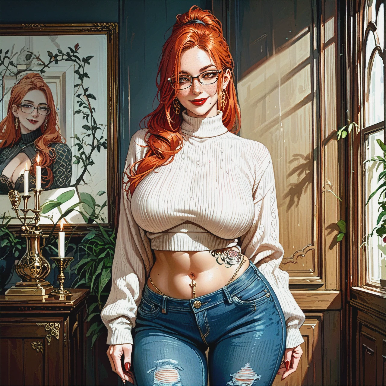 Redhead. Long hair. Dark red lipstick. Large saggy breasts. Pubic hair. Glasses. Thin nose. Beauty mark. Freckles. (curvy) thigh tattoo. Stomach chain.  Ponytail. Sweater. Jeans. (seductive_smile)