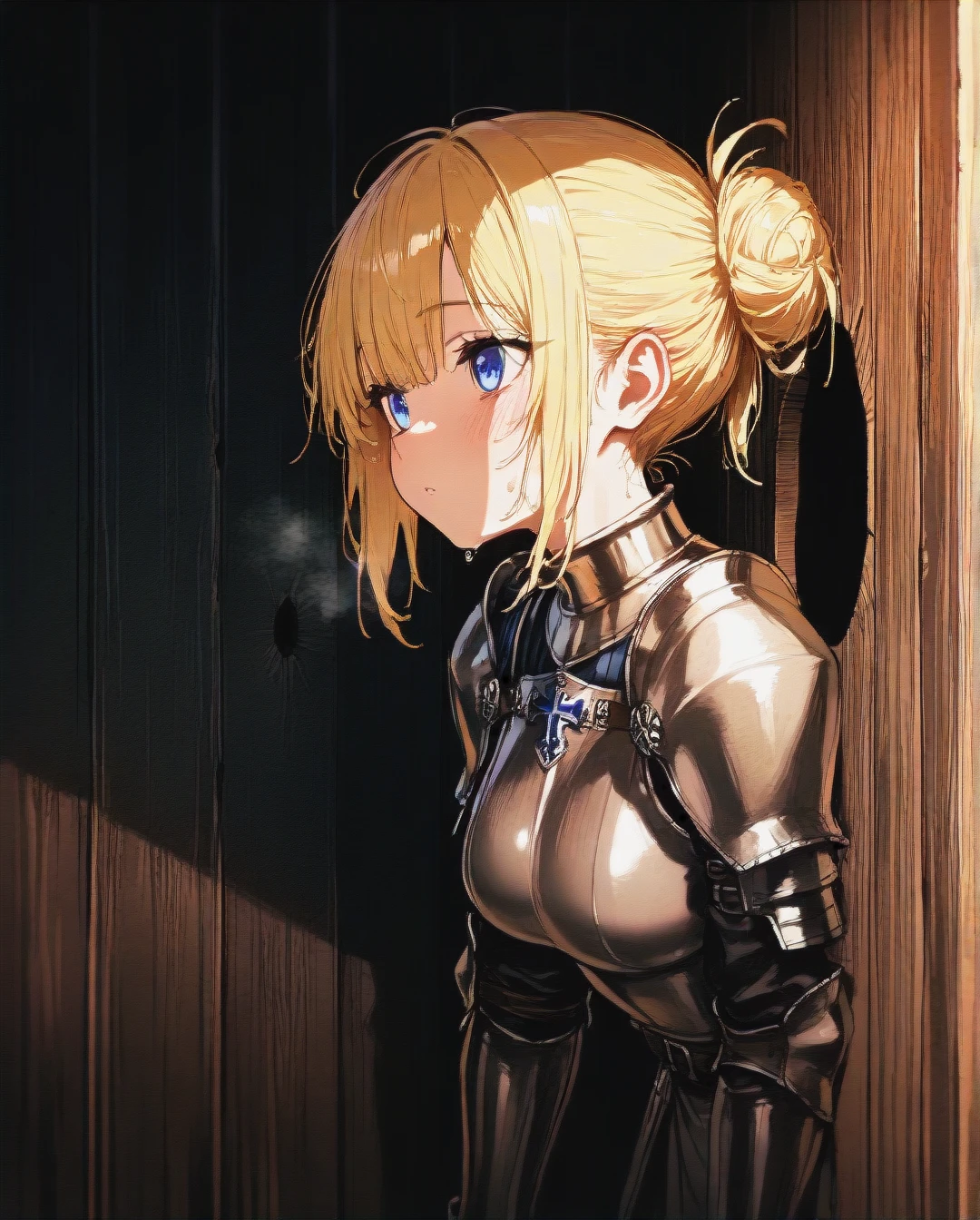 Medieval knight, hair in a messy bun, (glory_hole)