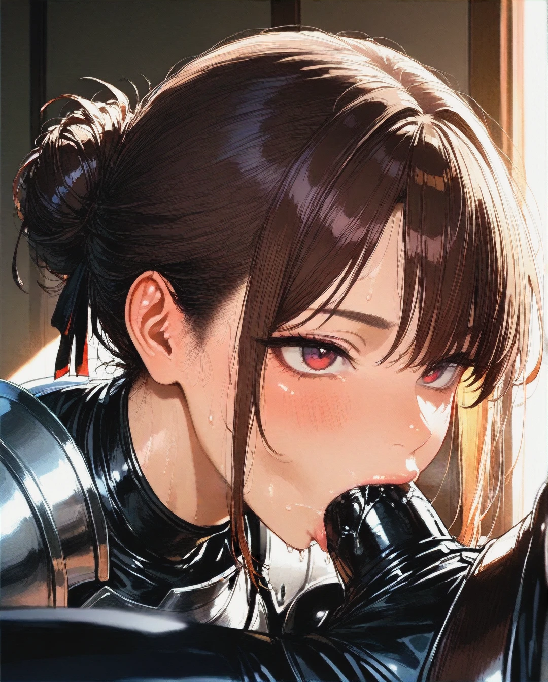 A female knight with brown hair tied in a messy bun, oral