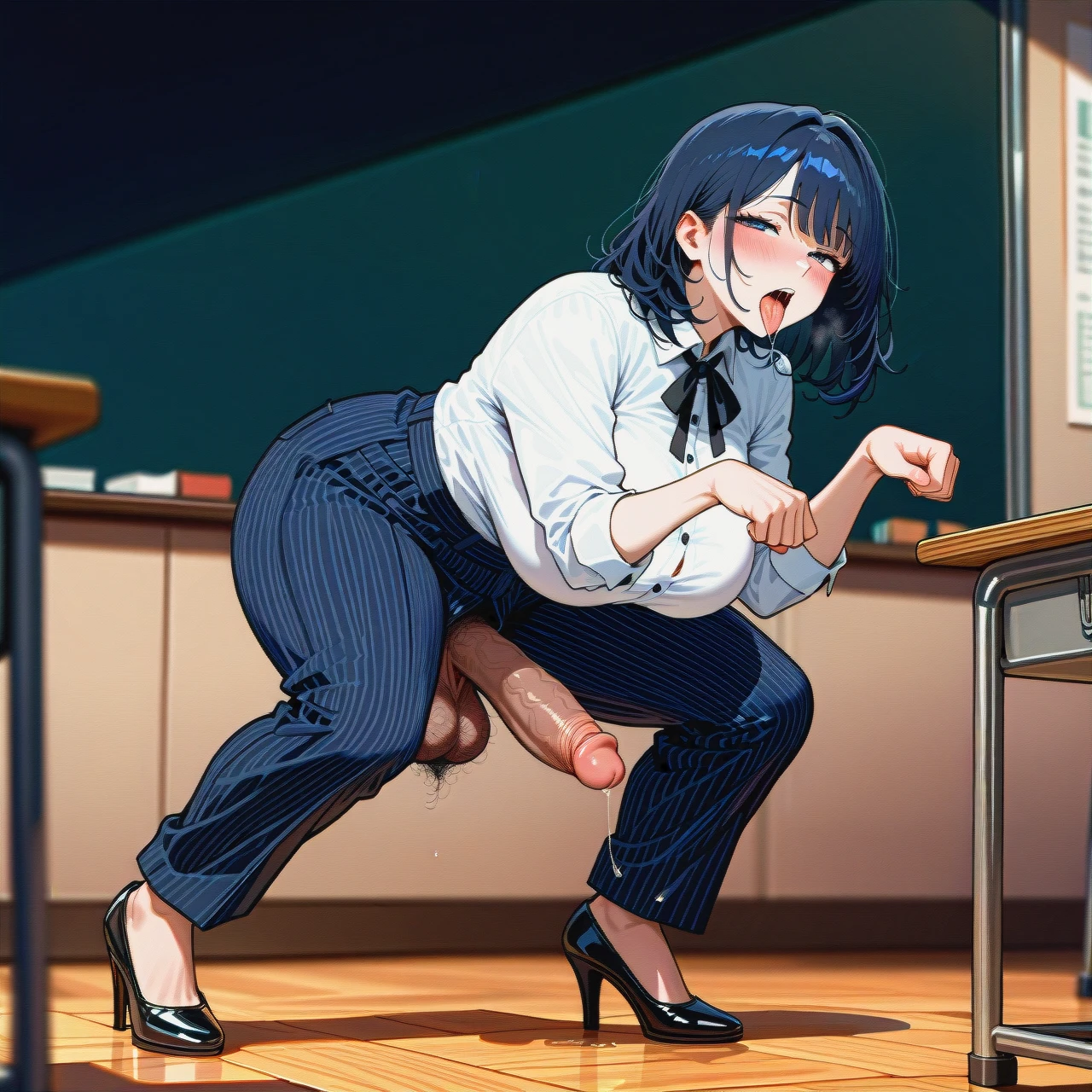 (futanari) (fat) (mature_female), dark blue striped buttoned-up suit, white shirt, black ribbon tie, blue striped long wide trousers, black high heels, (paw_pose), standing, poking penis, brown penis, hairy balls, (tongue), classroom, at night, crossed eyes, black medium hair and bangs, blush, saliva