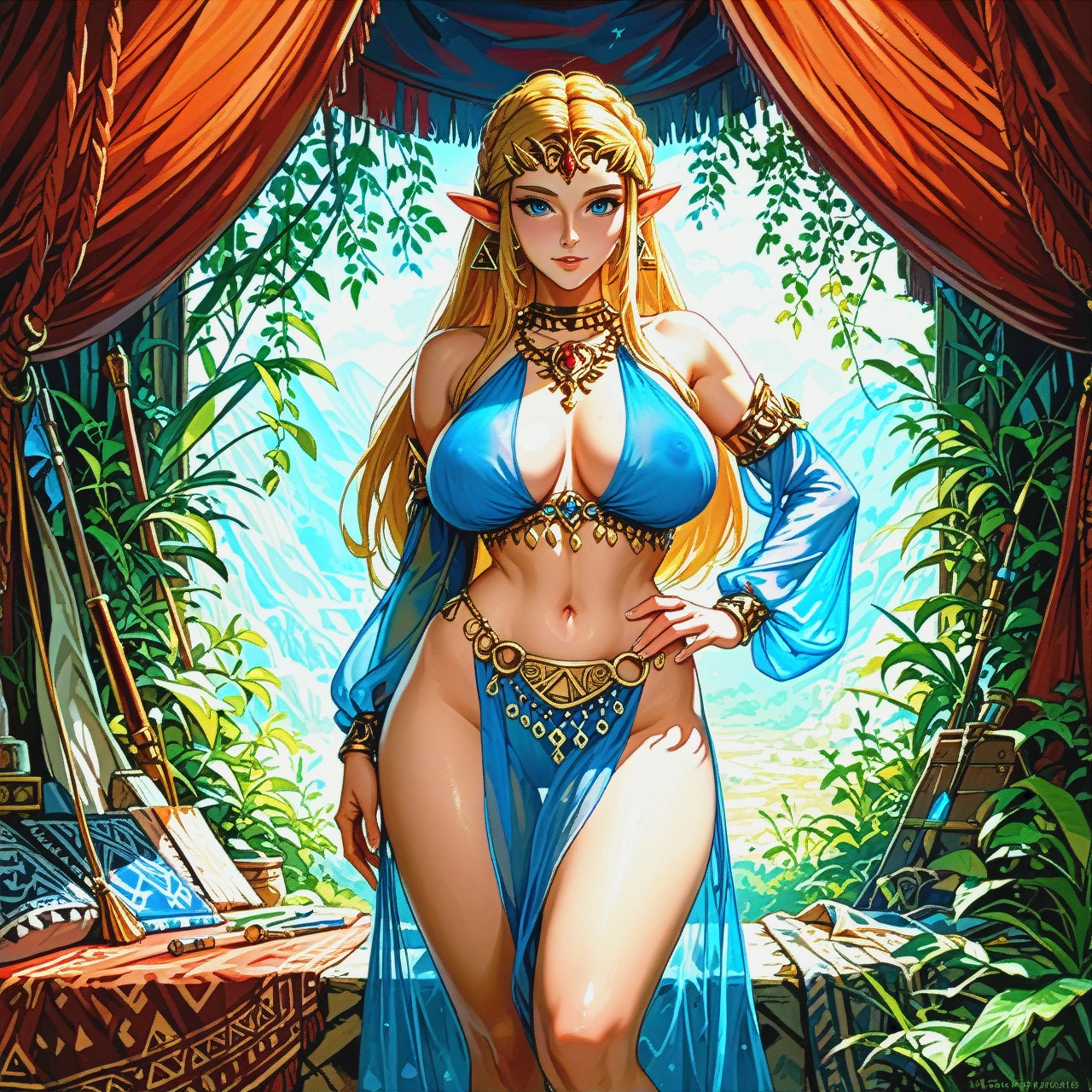 @princess_zelda , harem outfit, solo, Transparent clothes , (hand_on_hip) ,(gigantic_breasts), perfect body. (legs_apart) , tent