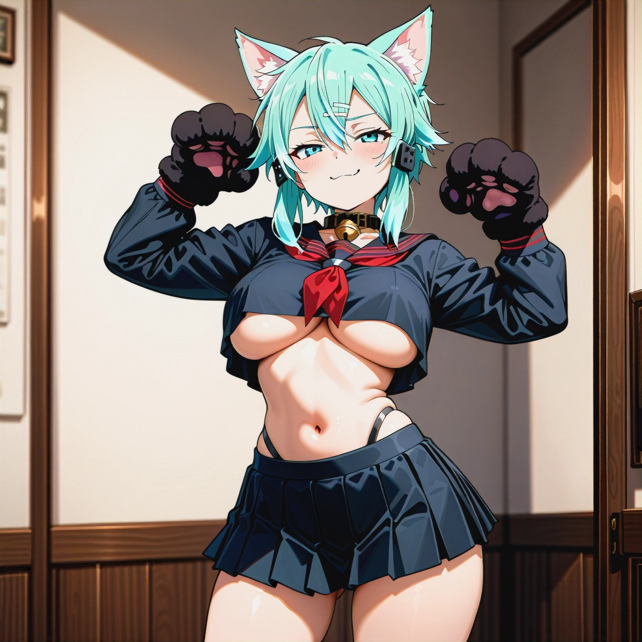 dolecat, solo, @sinon, (standing), (paw_pose), (half-closed_eyes), (smug), cat_ears, collar_bell, black_serafuku, long_sleeves, (underboob), huge_paw_gloves, micro_pleated_skirt, highleg_panties, thin_waist, (huge_breasts), thin_hips