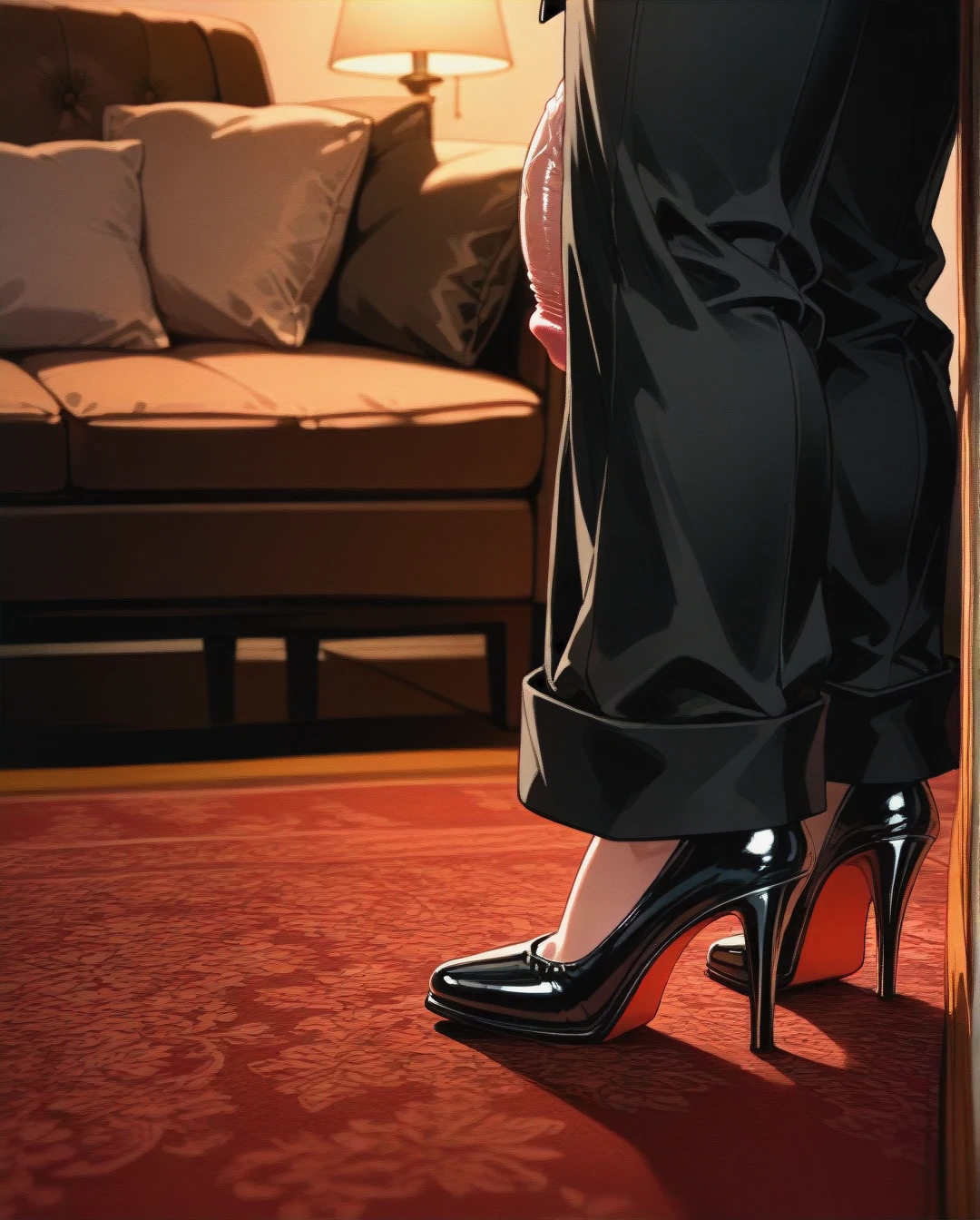 (pillow_sex) (fat) (futanari) (mature_female) black suit with tie, bowtie, black ironed long wide trousers, black high heels, pokes penis, living room, erected up penis