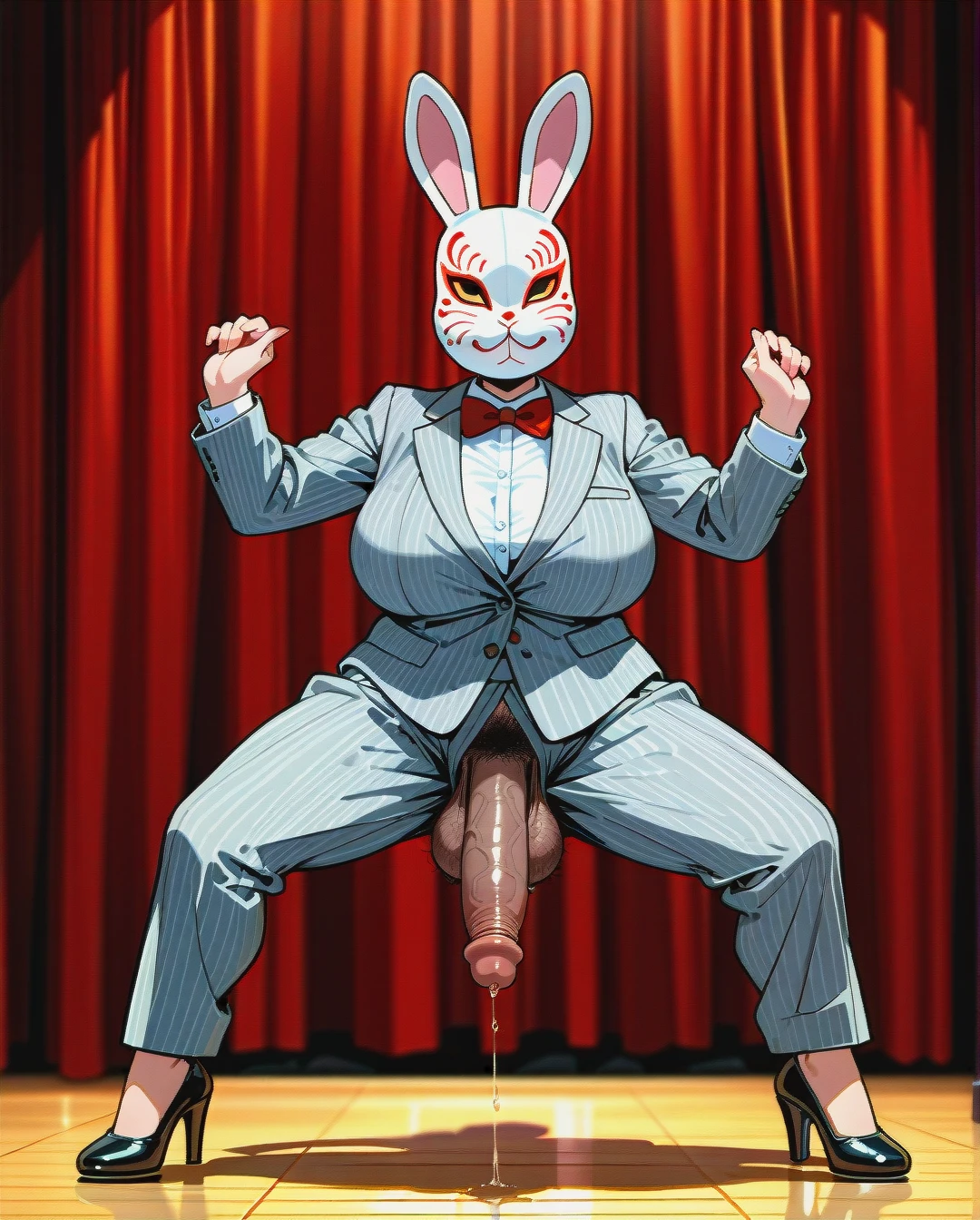 (plump) (mature_female) (futanari), gray striped suit, white shirt, red bowtie, gray striped long wide trousers, black wrinkled high heels, rabbit mask, pokes penis, brown penis, brown penis, hairy testicles, erected up penis, tap dancing, stage, closed curtains