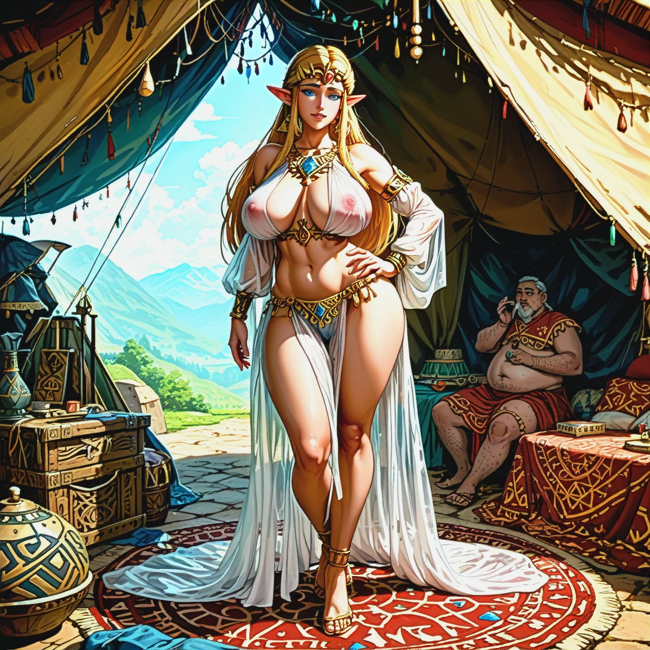 @princess_zelda , harem outfit, solo, Transparent clothes , (hand_on_hip) ,(gigantic_breasts), perfect body. (legs_apart) , tent, ugly fat man, big penis,