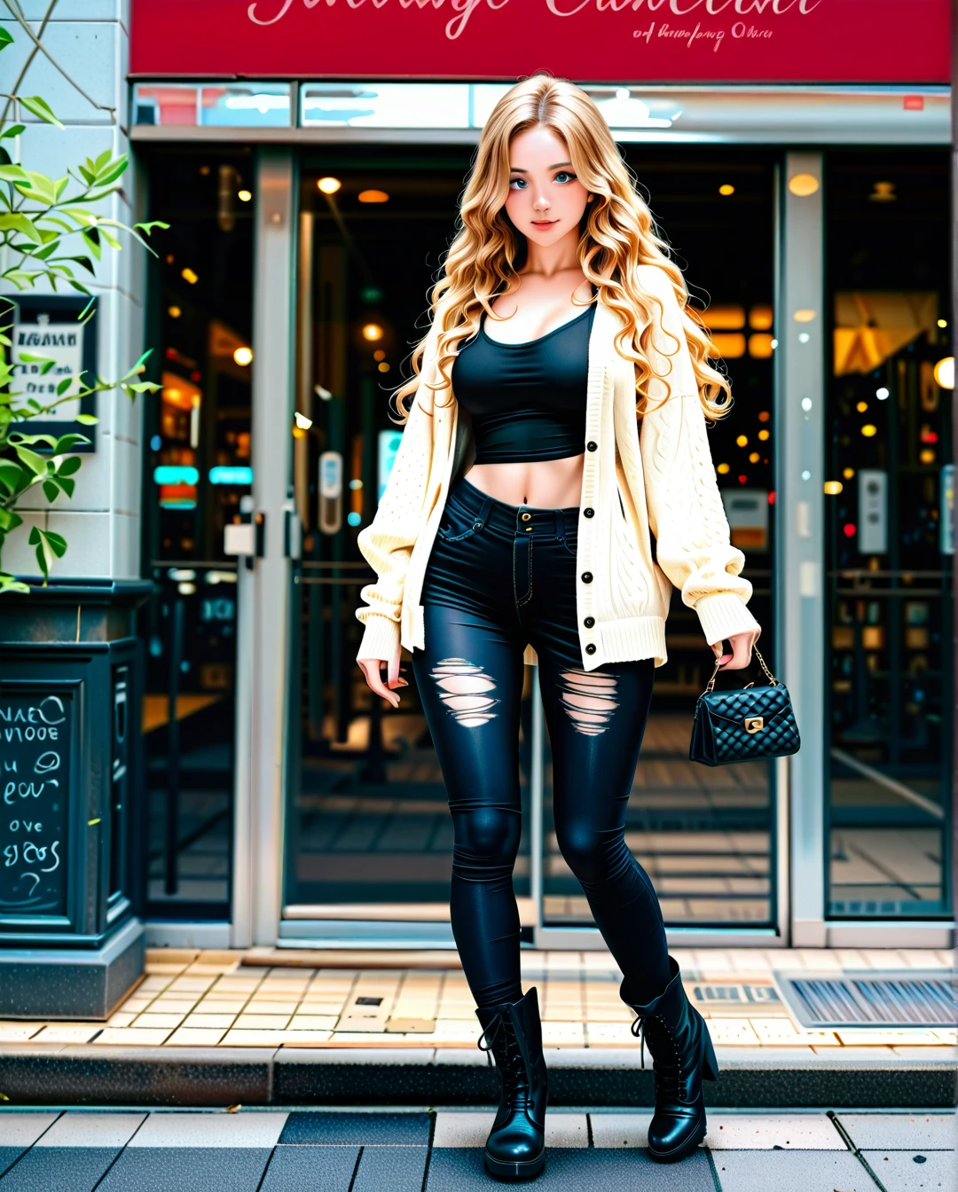 1 girl, blonde, beautiful, long-wavy hair, caucasian, sexy body, thin, medium breast, white-ripped pants, black croptee, high-black boots, white-loose cardigan, wallwalking, looking around, new york sidewalk, holding a mini-handbag, charming, slutty, (full_body)