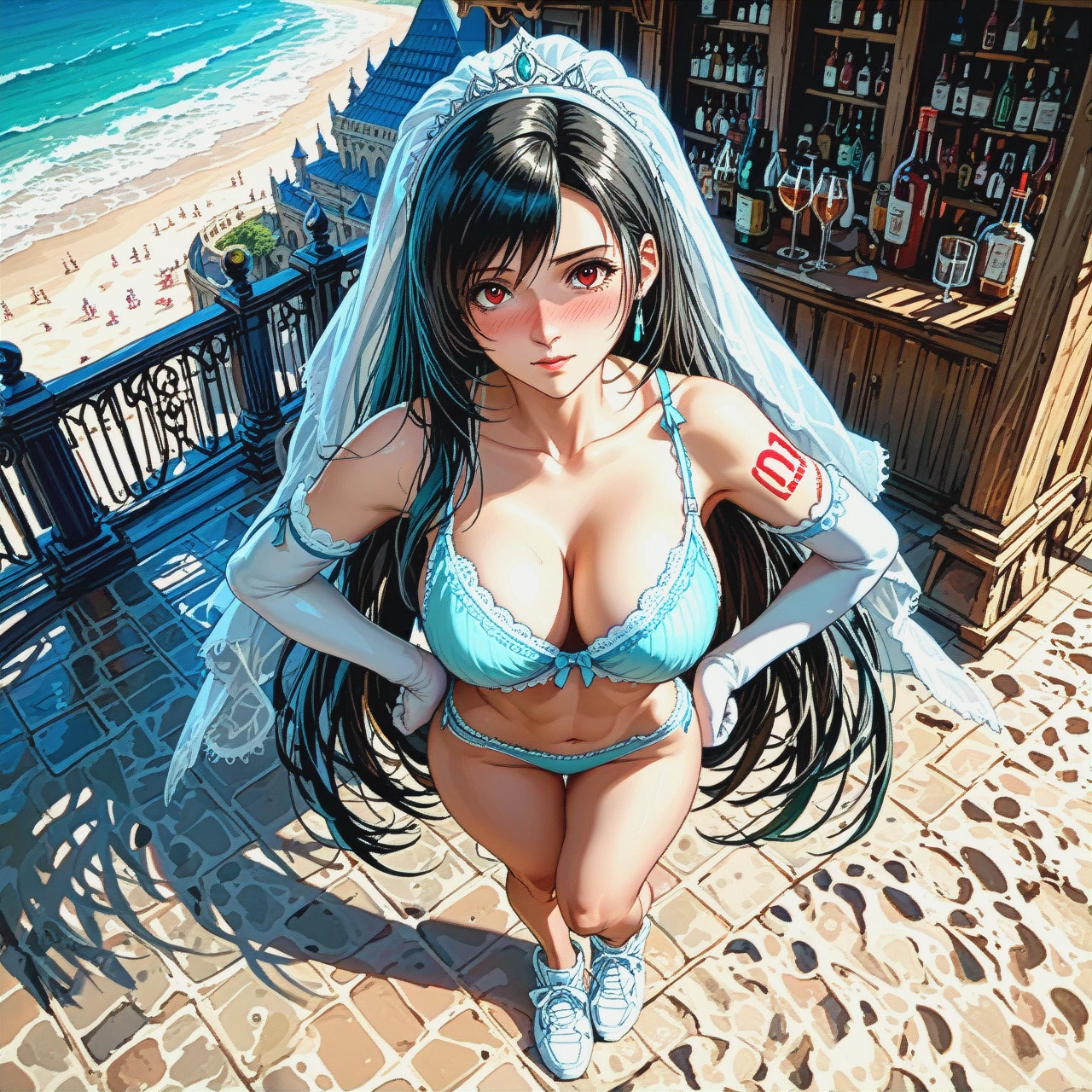 1girl,, , , , fisheye view,elbow gloves,medium boobs,background sea,knee, nose blush,perfect feet,round big tits,grabbing hips,shoulder tattoo, shirt lifted up,palace,veil,loose bra,white sneakers, bar background, on beach, tavern setting, tifa lockhart, ariel waifu, hatsune miku