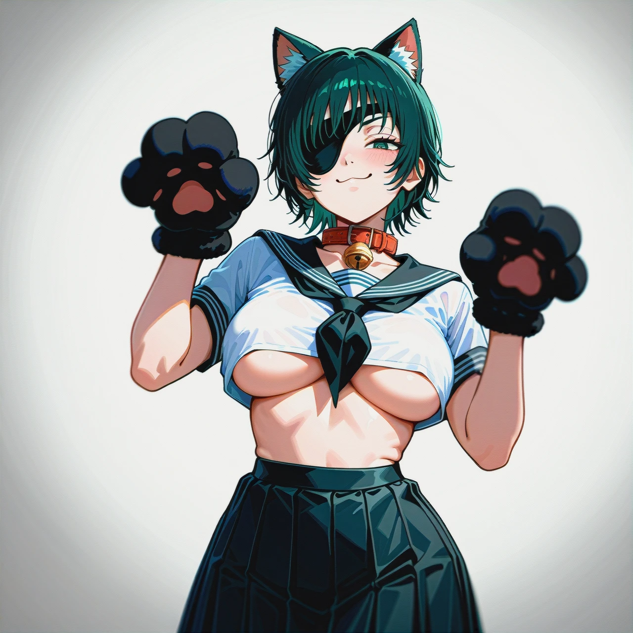 virito, solo, @himeno, (standing), (paw_pose), (half-closed_eyes), (smug), cat_ears, collar_bell, black_serafuku, (underboob), huge_paw_gloves, pleated_skirt, mircoskirt, thong_straps, thin_waist, (large_breasts), thin_hips