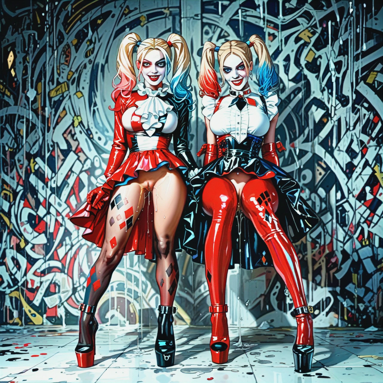 2girls, (Pussy_juice) high heels, skirt, latex, stoocks, @harley_quinn