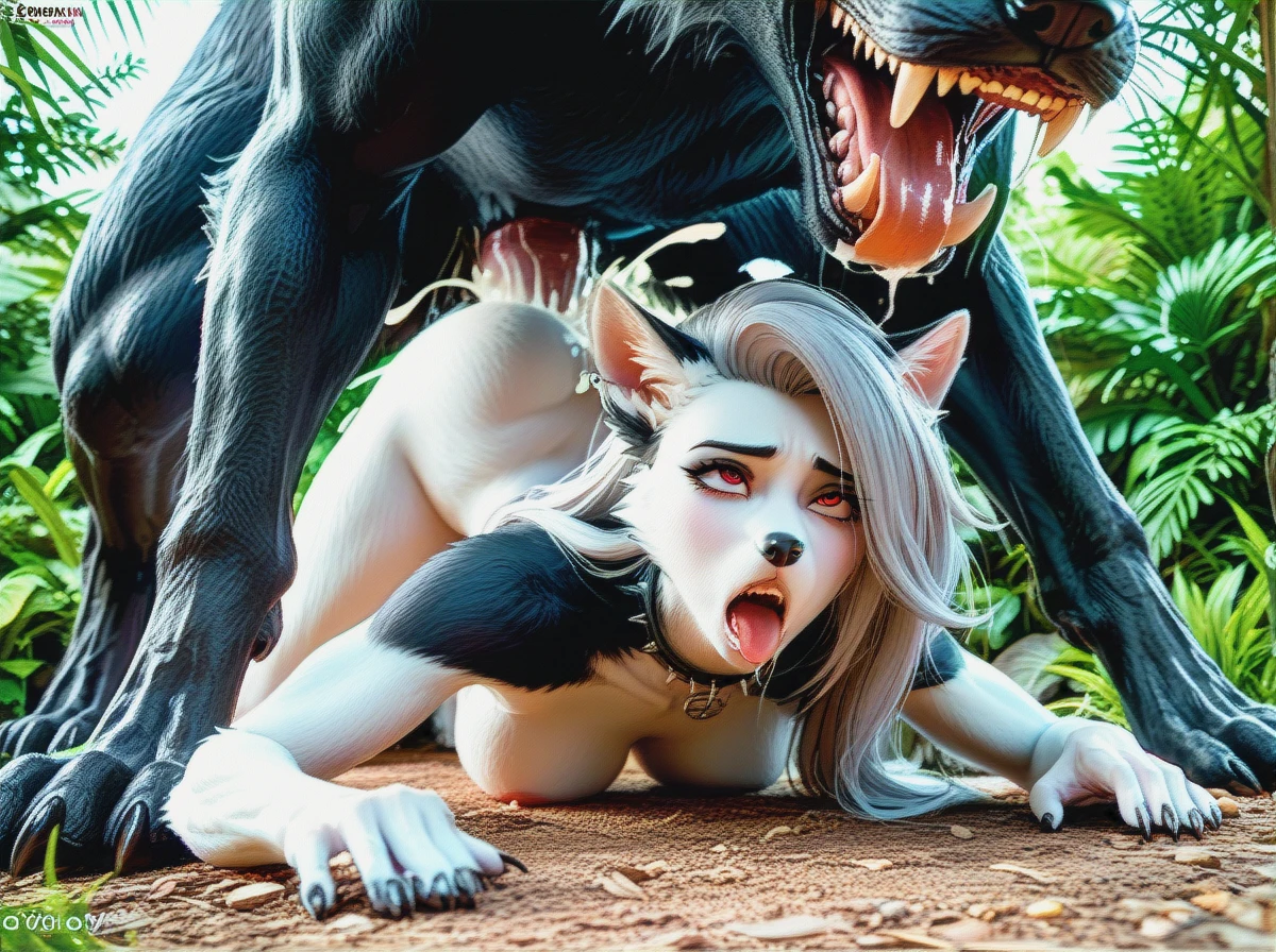 Furry loona, (breeding bitch, ahegao, moaning), feral domestic werewolf, [larger male, breeder mate, black furr], huge cock vaginal penetration, creampie, overflowing cum, impregnating, pounding hard, forcing penetration, (furry antrho loona) (paw_pose) (Mating) (panicking) (animal_insertion) (cervical_penetration)