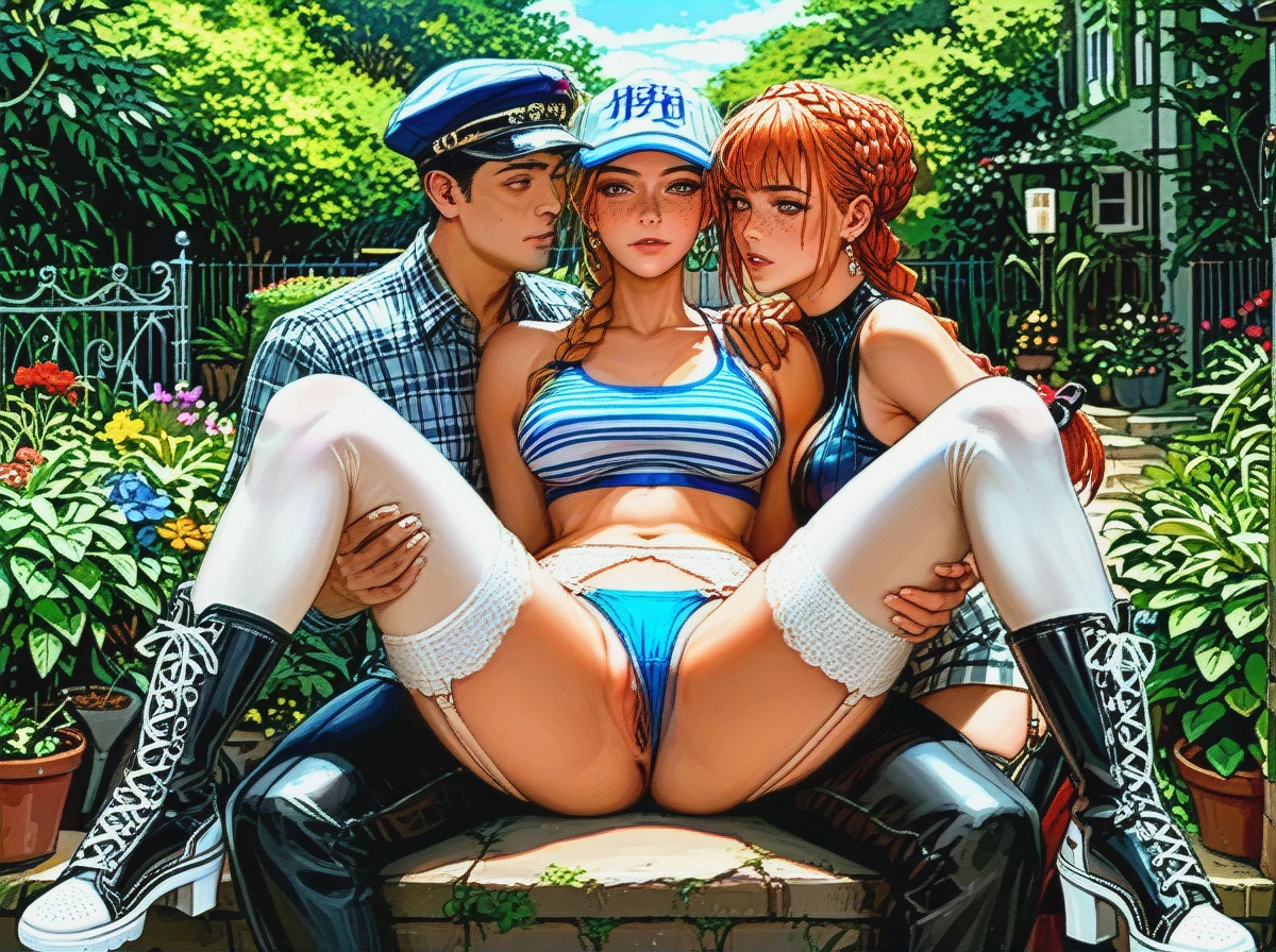 threesome,2girl,1boy, threesome,2girl,1boy, sucking_breasts, creampiet, flashing_pussy,light_freckles,tight_tank top, leggings,crownbraid_tie,panties_on,high_heels, garter_belt,garrison_cap,striped_bikini,knee_boots, plaid_shirt,red_thighhighs,earrings,black_sneakers, garden, anime_coloring, moody_lighting