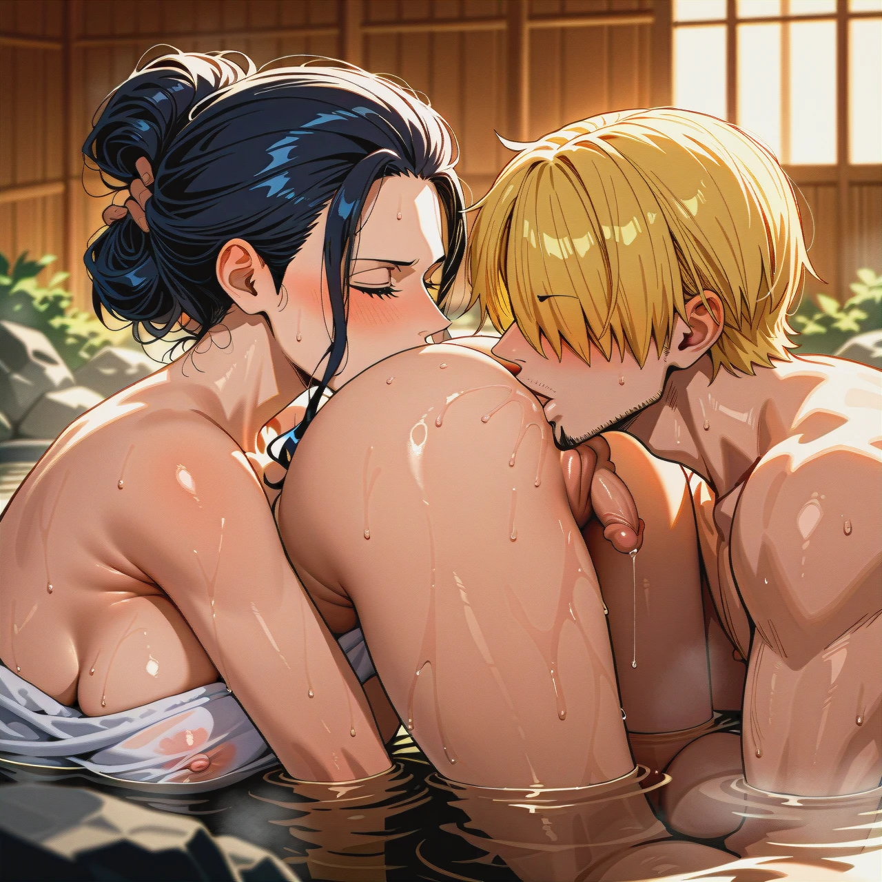 onsen, sole male, sole female, pulled back hairstyle, (nipple_slip) , towel, (smelling), (crossed_legs), (mature_female) , @nico_robin , (anilingus) , precum, @sanji, @sanji_(one_piece) . shy male