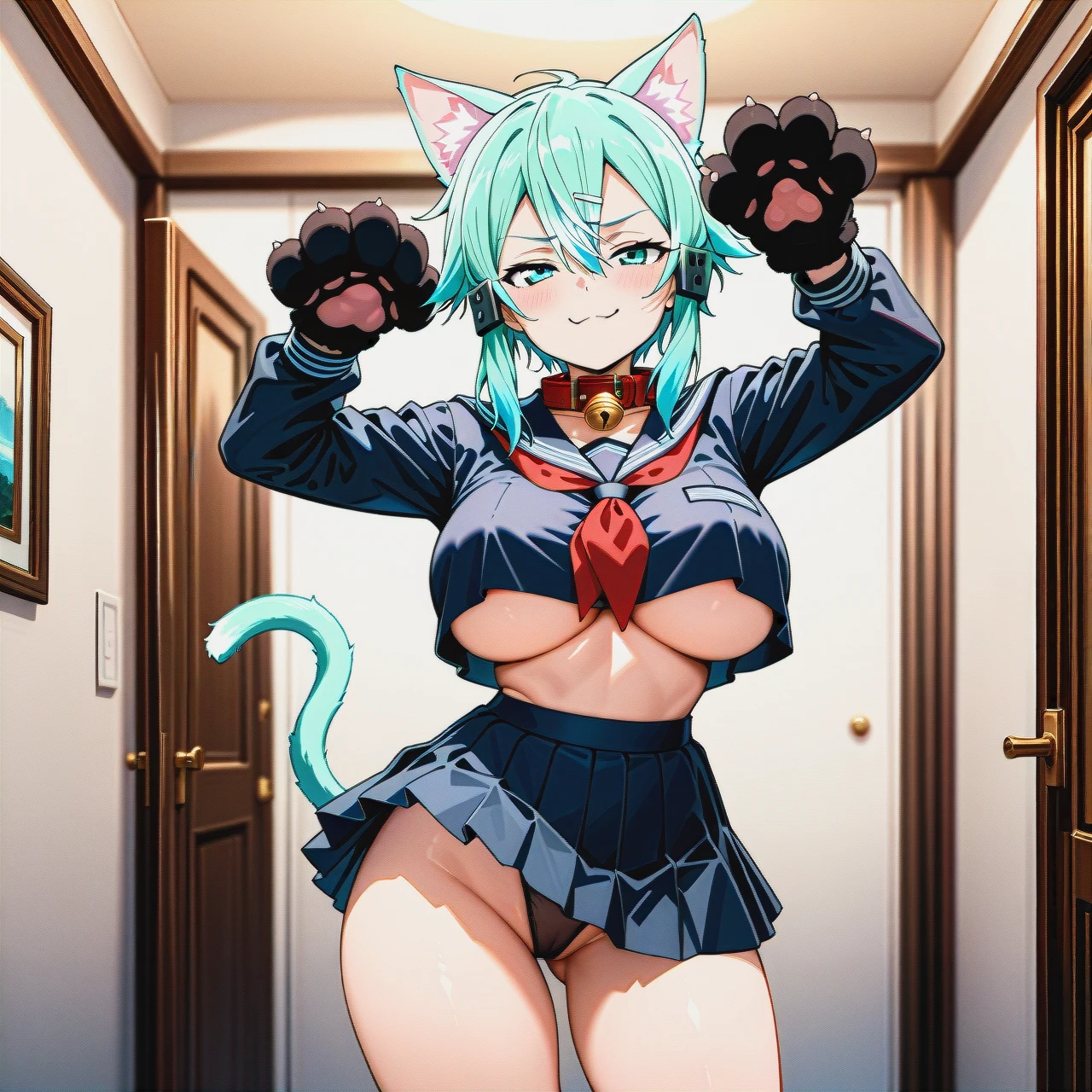 gingaginga, solo, @sinon, (standing), (paw_pose), (half-closed_eyes), (smug), cat_ears, collar_bell, black_serafuku, long_sleeves, (underboob), huge_paw_gloves, micro_pleated_skirt, highleg_panties, thin_waist, (huge_breasts), thin_hips