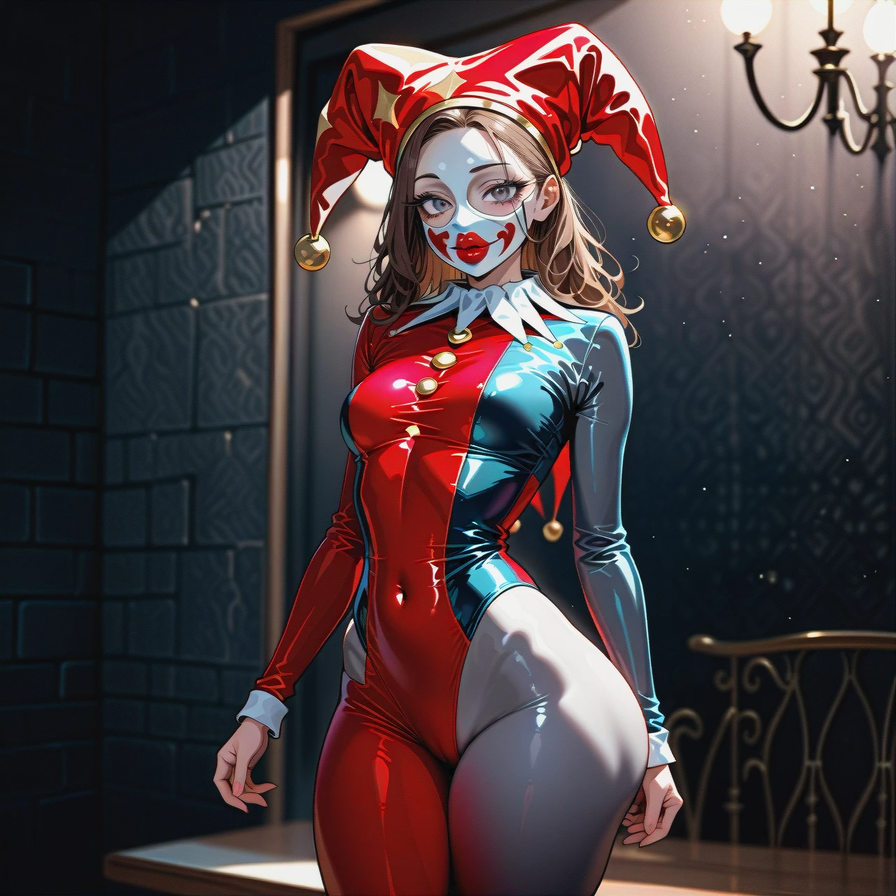 1girl,jester,white-grey skin,skinny,slim fit,jester tight suit,jester hat,medium light-brown hair,big grey eyes with long eyelashes,big puffy lips,comedy mask fully covers face,pawg,narrow waist,narrow shoulders,narrow torso,long legs,thick thighs,big butt