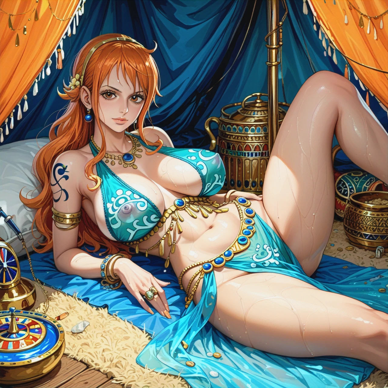 @nami , harem outfit, solo, lying, Transparent clothes, (legs_apart) , tent , (huge_breasts), perfect body  ,