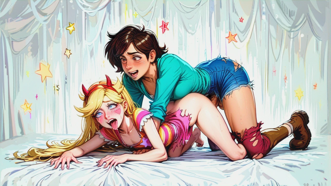 young futanari @star_butterfly, femboy @marco_diaz, futanari on male, Marco with ahegao, marco on all-fours, marco wearing torn dress, Marco with pleasured face, Star with horny fac, Star blushing, Star with flat chest, in classroom