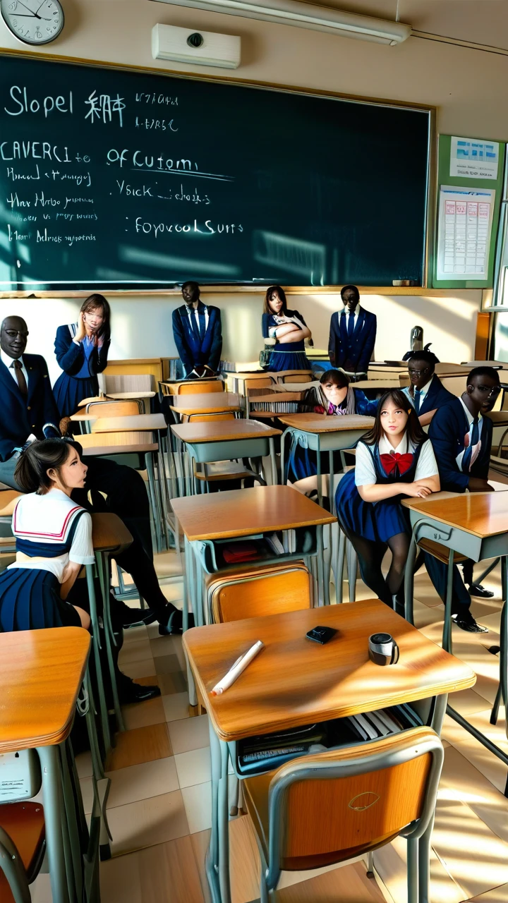 (orgy) various white girls, schoolgirl costumes, various black men, bbc, interracial orgy, classroom, (orgy) wide angle shot.