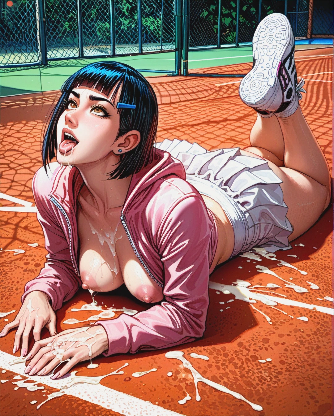 Julie yamamoto from ben 10 alien force, asian woman, brown eyes, looking up, smiling, mouth wide open, bobcut, blunt bangs, black hair, unzipped skin tight pink hoodie, exposed breasts, white tennis skirt, white sneakers, laying on stomach, anal sex, Rath from ben 10 alien force, extreme massive bulging hyper veiny penis, massive swollen balls, cum in ass, cum on back, tennis court