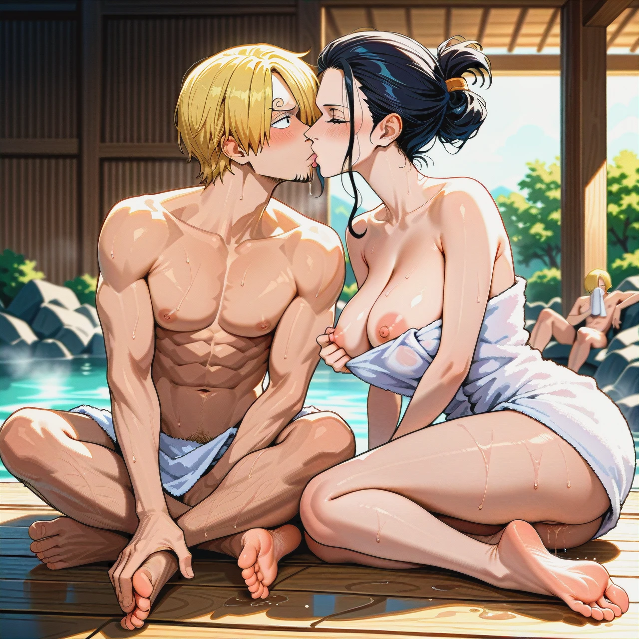 onsen, sole male, sole female, pulled back hairstyle, (nipple_slip) , towel, (smelling), (crossed_legs), (mature_female) , @nico_robin , (anilingus) , precum, @sanji, @sanji_(one_piece) . shy male, full body perspective