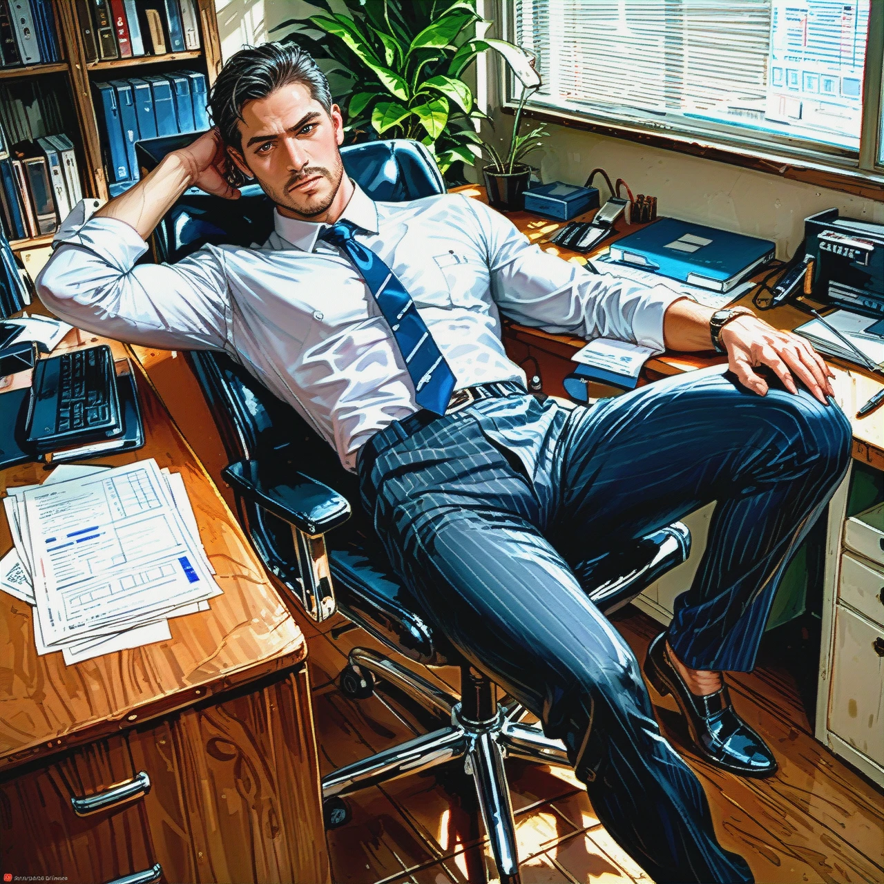 Create an image of a person in a professional office setting, lying on the floor in a business suit. The lower half of their body should be seamlessly transformed into the body of a large, realistic crocodile or alligator, with detailed scales, claws, and a long tail extending behind them. The office should have typical furniture like desks, chairs, and filing cabinets to maintain a realistic environment."