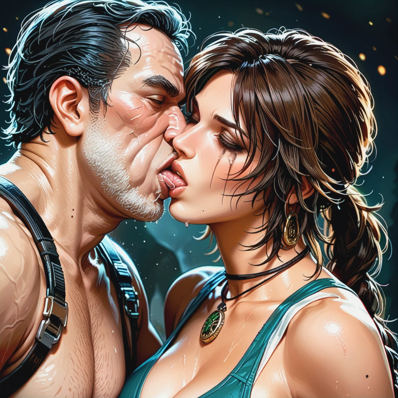 Tomb Raider, Lara croft, , Brown plait, Running mascara, kissing, Kissing an ugly man on the mouth, the soldier grope her breast while kissing, high detailed