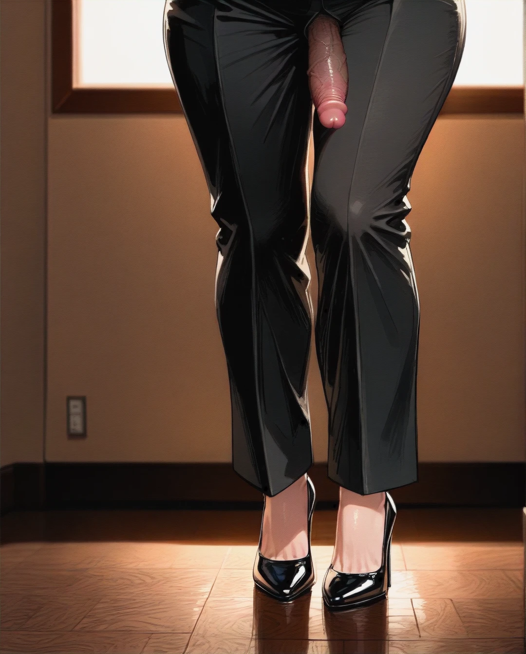 (Knotting) (fat) (futanari) (mature_female) black suit with tie, bowtie, black ironed long wide trousers, black high heels, pokes penis, living room