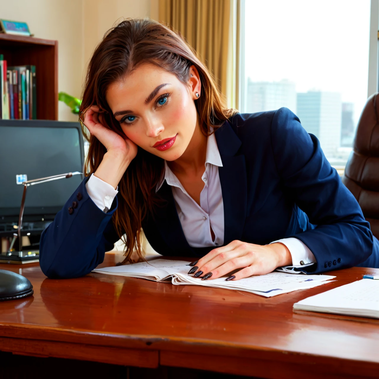 Create an image of a person in a professional office setting, lying on the floor in a business suit. The lower half of their body should be seamlessly transformed into the body of a large, realistic crocodile or alligator, with detailed scales, claws, and a long tail extending behind them. The office should have typical furniture like desks, chairs, and filing cabinets to maintain a realistic environment."