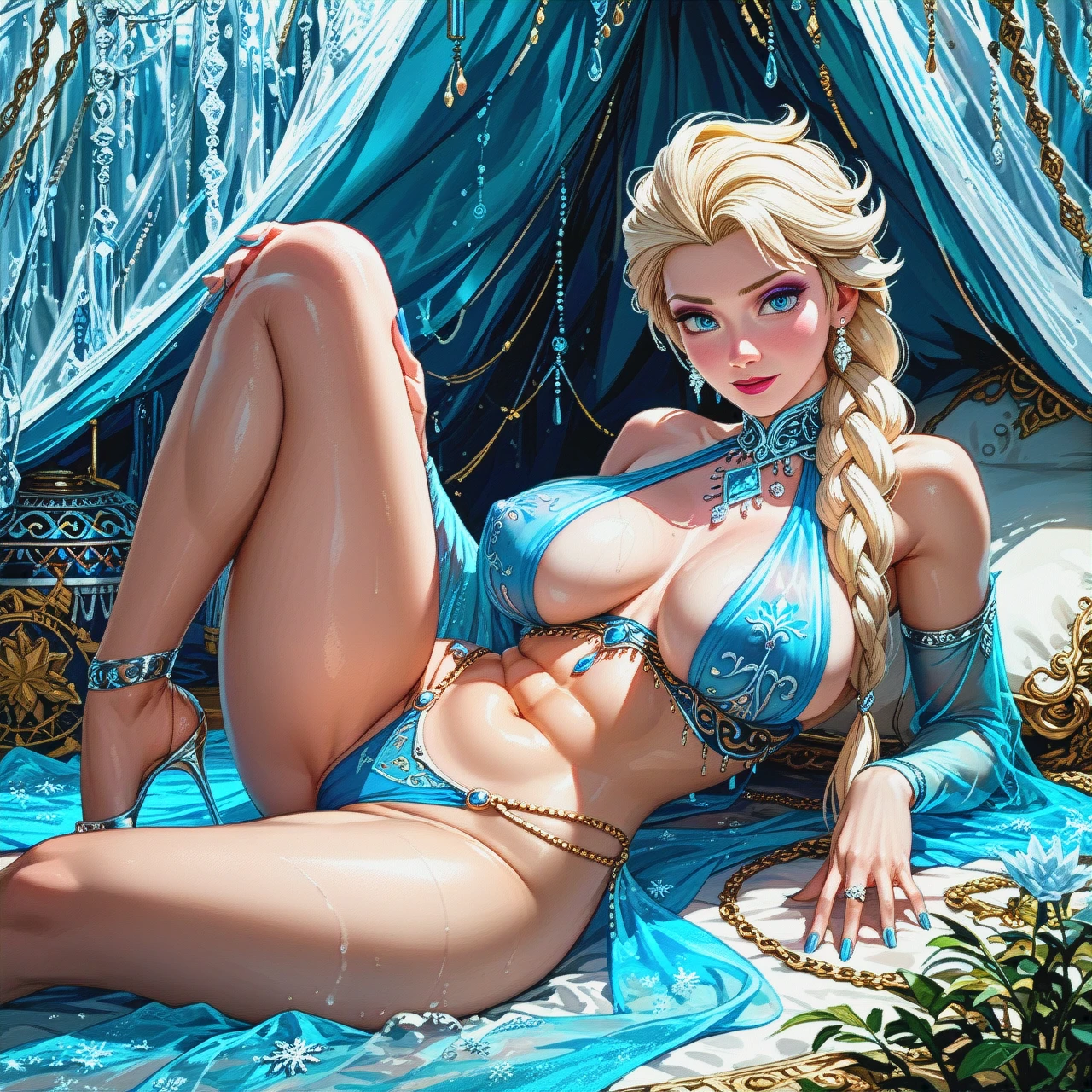 @elsa , harem outfit, solo, lying, Transparent clothes, (legs_apart) , tent , (huge_breasts), perfect body  , sexy pose