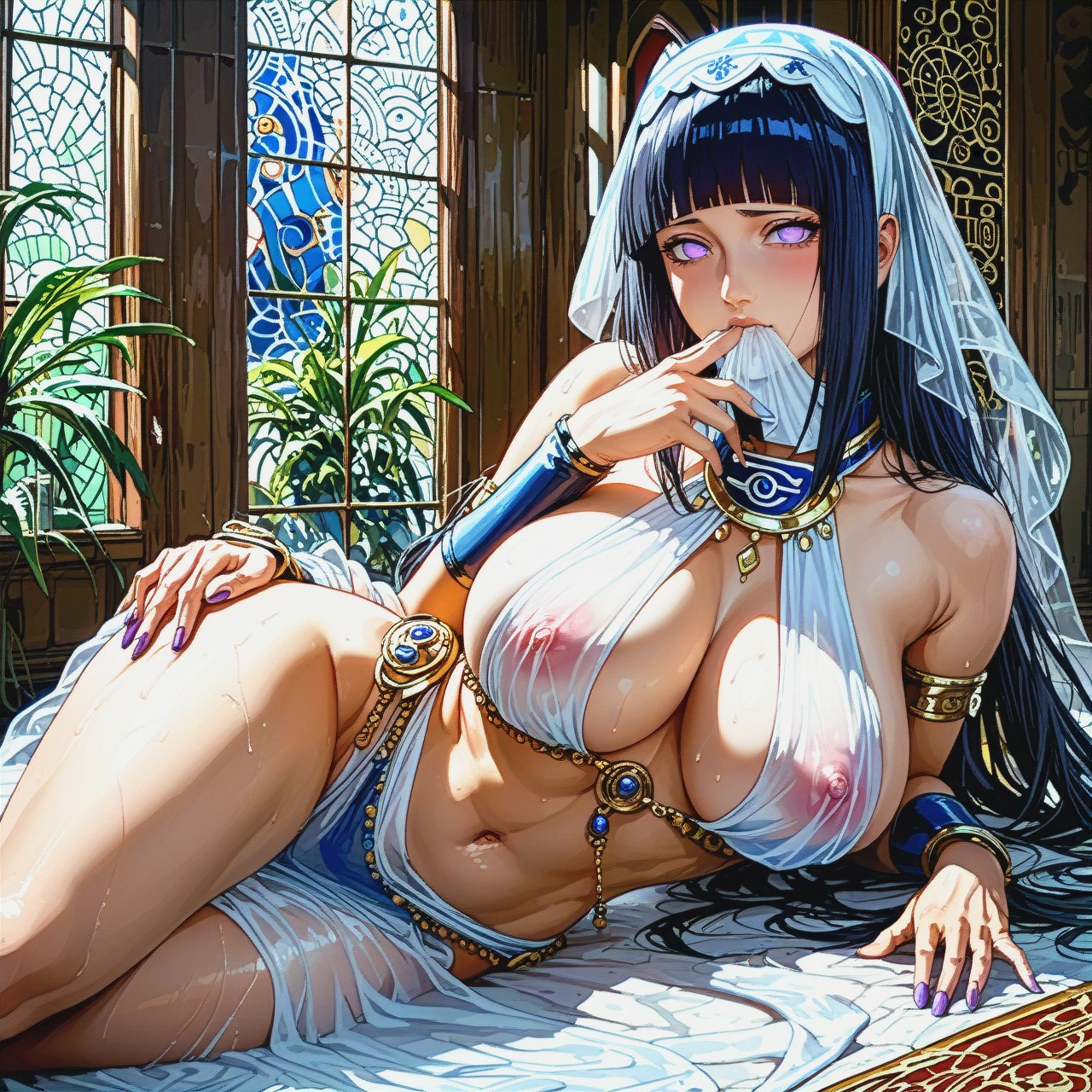 @hyuuga_hinata , harem outfit, solo, lying, Transparent clothes, (standing) , (hand_to_own_mouth) ,(gigantic_breasts), perfect body  , sexy pose