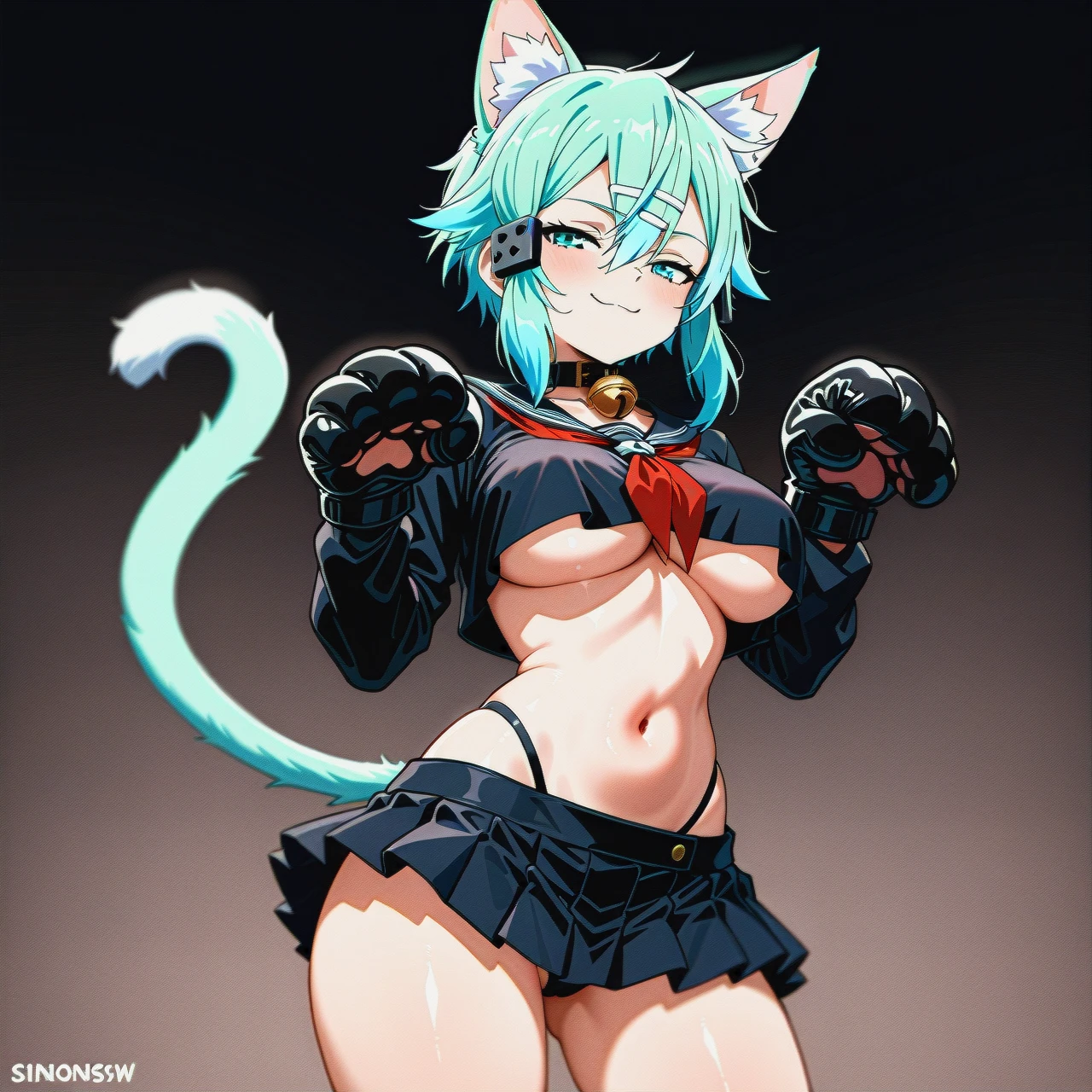 raiounsfw, solo, @sinon, (standing), (paw_pose), (half-closed_eyes), (smug), cat_ears, collar_bell, black_serafuku, (underboob), huge_paw_gloves, micro_pleated_skirt, highleg_panties, thin_waist, (large_breasts), thin_hips