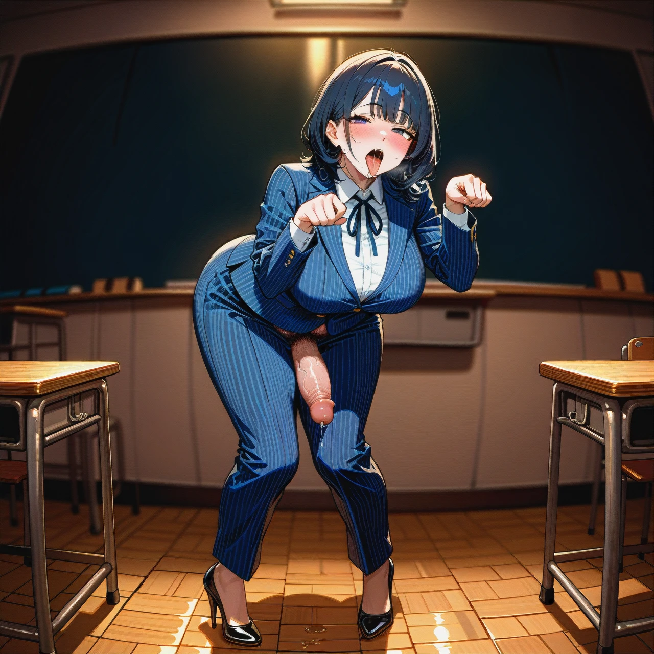 (futanari) (fat) (mature_female), dark blue striped buttoned-up suit,   ribbon tie, blue striped long wide trousers, black high heels, (paw_pose), standing, poking penis, brown penis, hairy balls, (tongue), classroom, at night, crossed eyes, black medium hair and bangs, blush, saliva