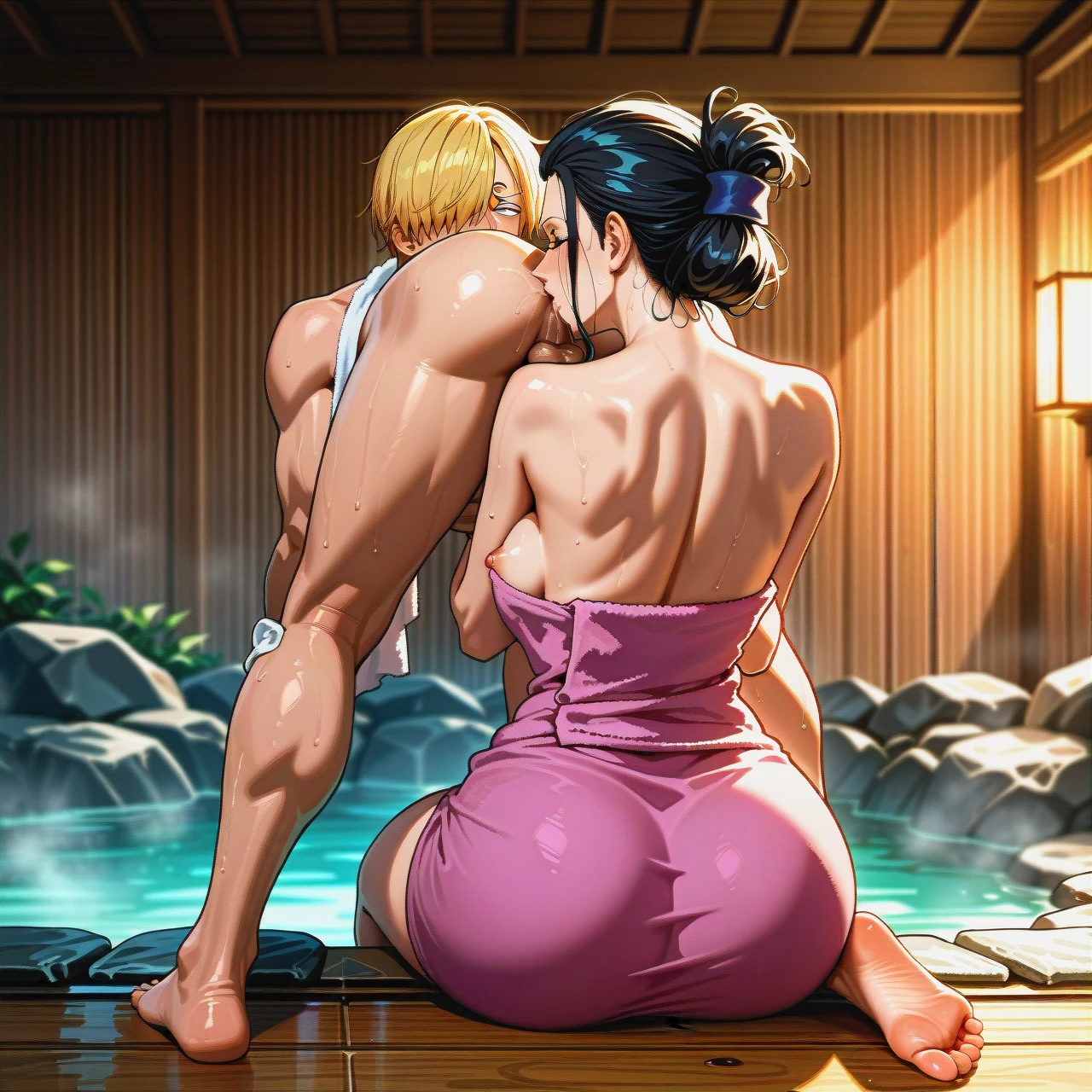 onsen, sole male, sole female, pulled back hairstyle, (nipple_slip) , towel, (on_back), (sitting_on_face), (mature_female) , @nico_robin , (anilingus) , (smelling) precum, @sanji . shy male, full body perspective