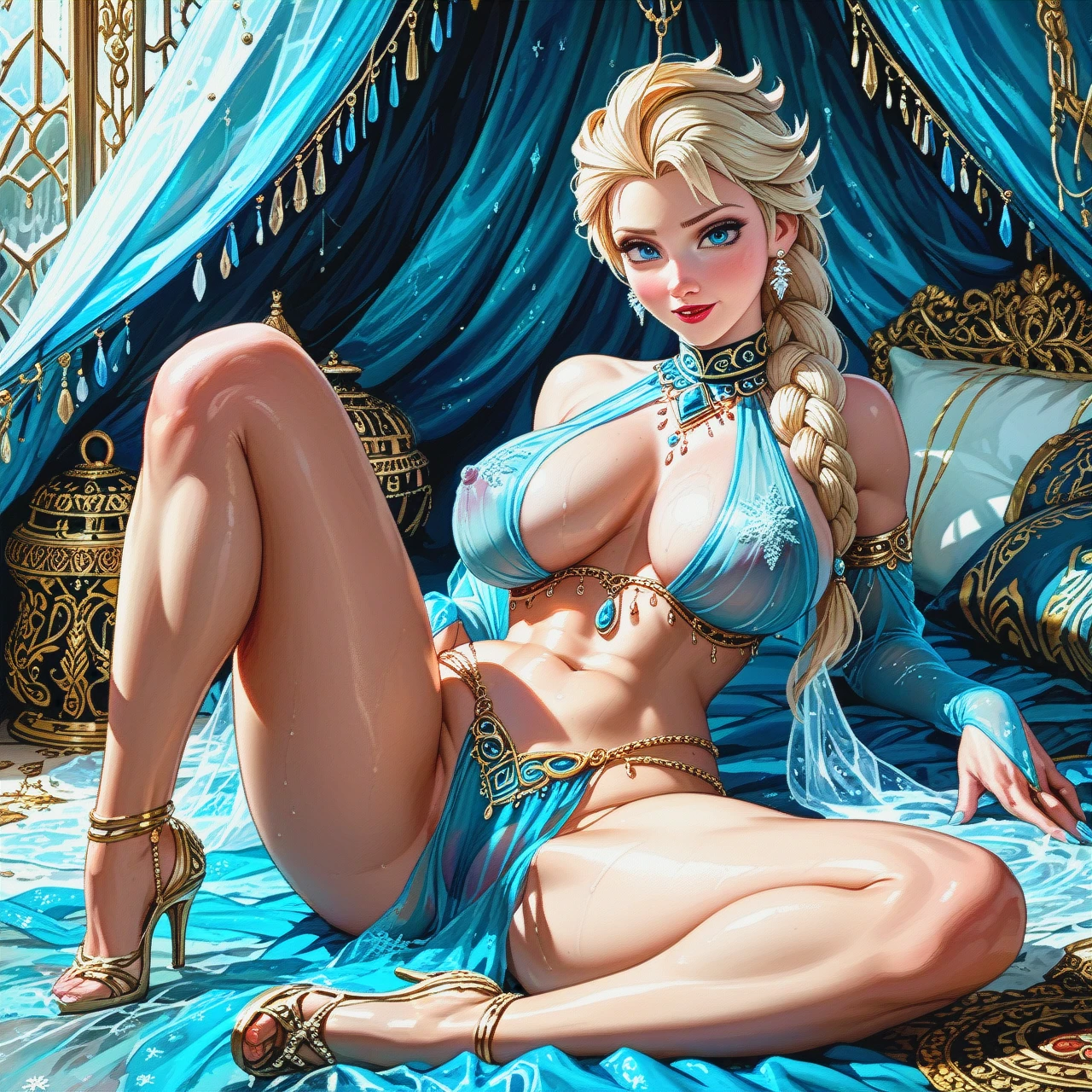 @elsa , harem outfit, solo, lying, Transparent clothes, (legs_apart) , tent , (huge_breasts), perfect body  ,