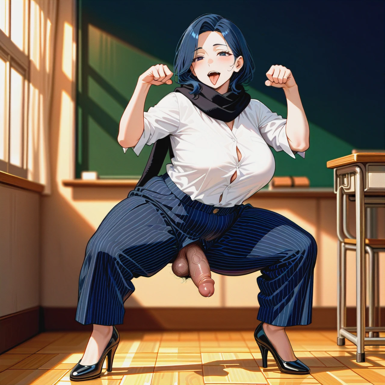 (futanari) (fat) (mature_female), dark blue striped buttoned-up suit, white shirt with black scarf, dark blue striped long wide trousers, black high heels, (paw_pose), tap dancing, poking penis, brown penis, hairy balls, (tongue), classroom, at night