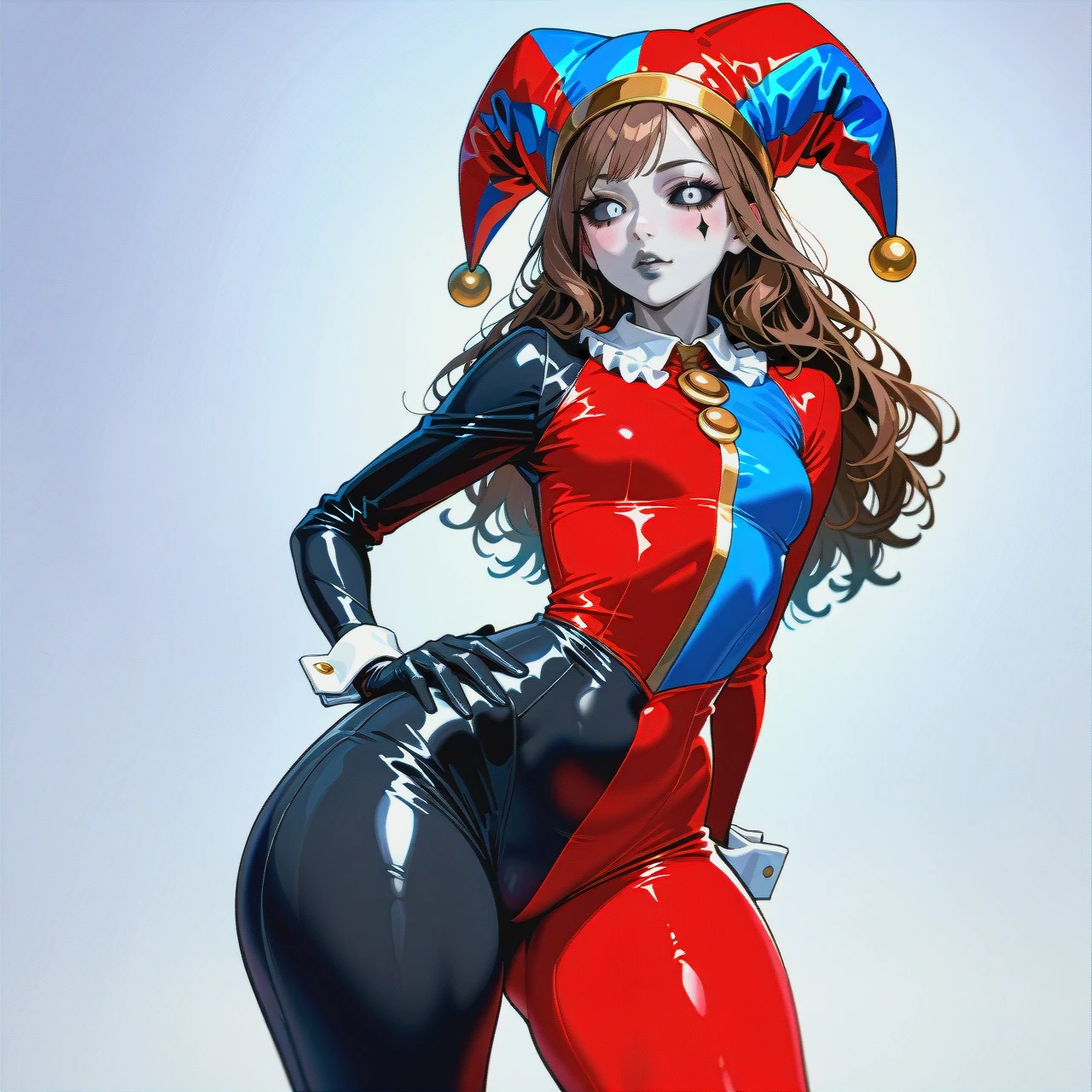 1girl,jester,white-grey skin,skinny,slim fit,jester tight suit,jester hat,medium light-brown hair,black sclera,big grey eyes with long eyelashes,big puffy dark-grey lips,jester makeup fully covers face,pawg,narrow waist,narrow shoulders,narrow torso,long legs,thick thighs,big butt,cute:1.5,opened hips,