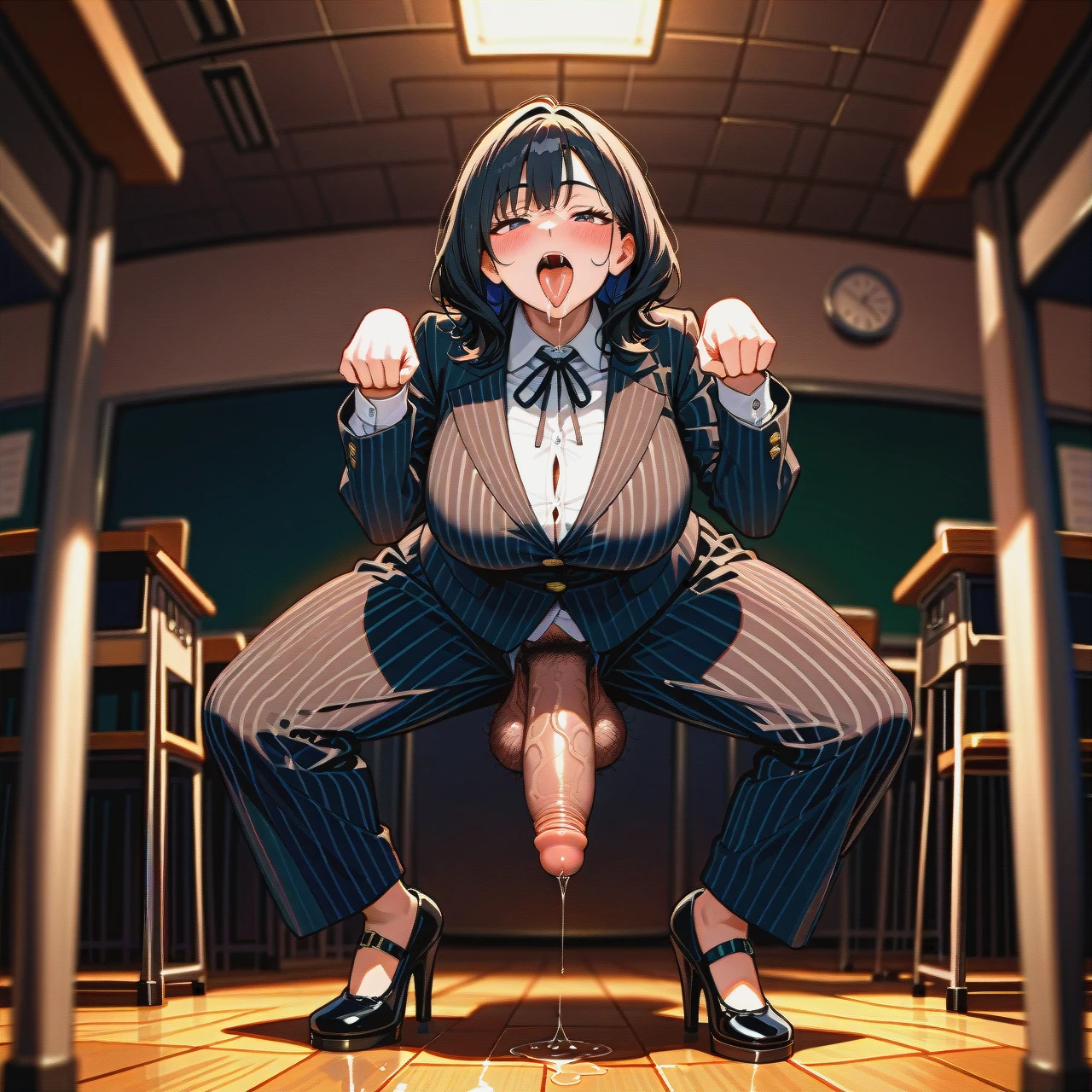 (futanari) (fat) (mature_female), black striped buttoned-up suit,   ribbon tie, black striped long wide trousers, black high heeled Mary Janes, (paw_pose), standing, poking penis, brown penis, hairy balls, (tongue), classroom, at night, crossed eyes, black medium hair and bangs, blush, saliva