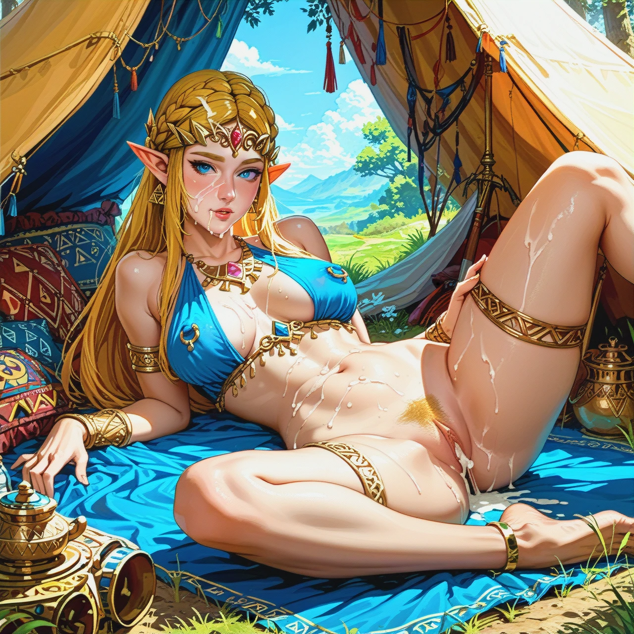 @princess_zelda , harem outfit, solo, lying, nipple ring, (legs_apart) , tent , light pubic hair , (cum) , cum on face