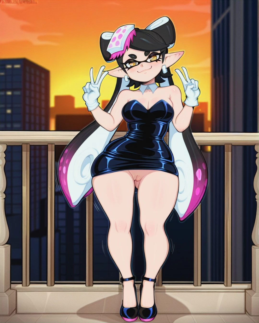 Doppel, afrobull, @callie head tilt (smug) pencil party dress, skirt, double peace sign, innie pussy, upskirt, full body, standing on balcony during evening, massive hips, casual outfit