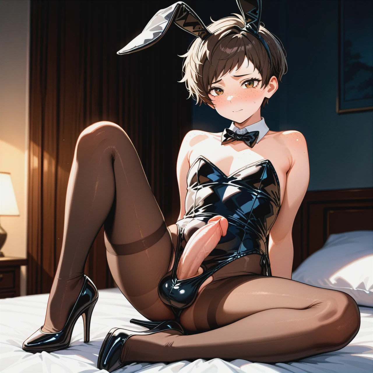 (fat) (reverse_trap), (futanari), (mature_female), (shy), brunette pixie cut hair, freckles, black bunny costume, brown tights, flat chest, black high heel pumps, penis out, bedroom, (selfcest)