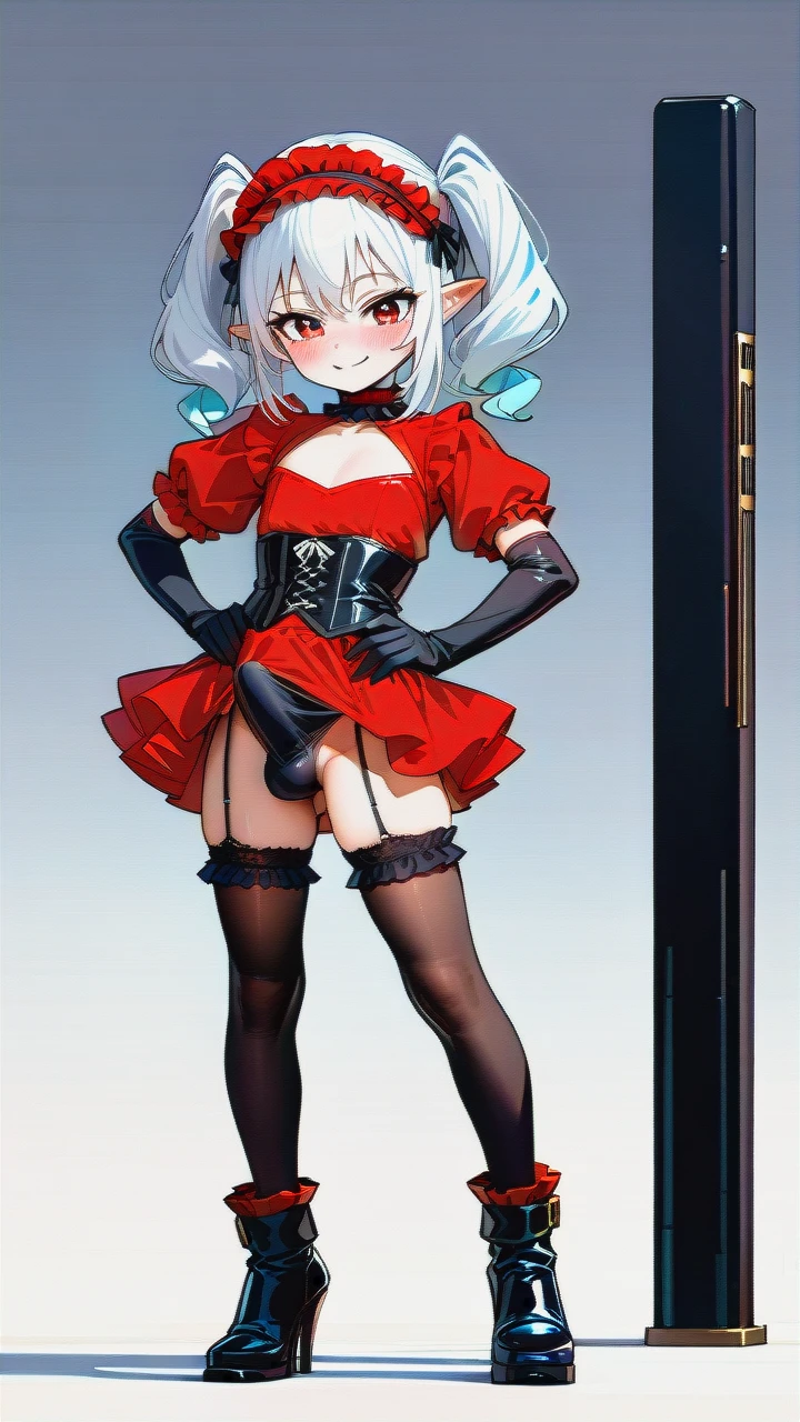 High_quality, (otoko_no_ko), (flat_chest), (frilled_thighhighs), garter_straps, pointy_ears, red_eyes, white_hair, red_dress, black_dress, elbow_gloves, frilled_headband, puffed_sleeves, frilled_choker, (cleavage_cutout),  (long_twin_ponytails), (ankle_boots_with_heels), slim_legs, corset, (legs_apart), (smile), (blush), (hands_on_hips), (erection_under_skirt), penis_bulge,