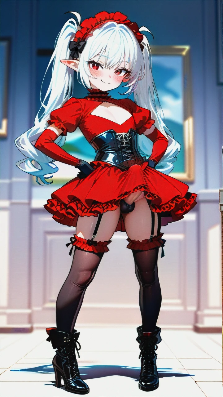 High_quality, (otoko_no_ko), (flat_chest), (frilled_thighhighs), garter_straps, pointy_ears, red_eyes, white_hair, red_dress, black_dress, elbow_gloves, frilled_headband, puffed_sleeves, frilled_choker, (cleavage_cutout),  (long_twin_ponytails), (ankle_boots_with_heels), slim_legs, corset, (legs_apart), (smile), (blush), (hands_on_hips), (erection_under_skirt), (erection_under_dress), penis_bulge,