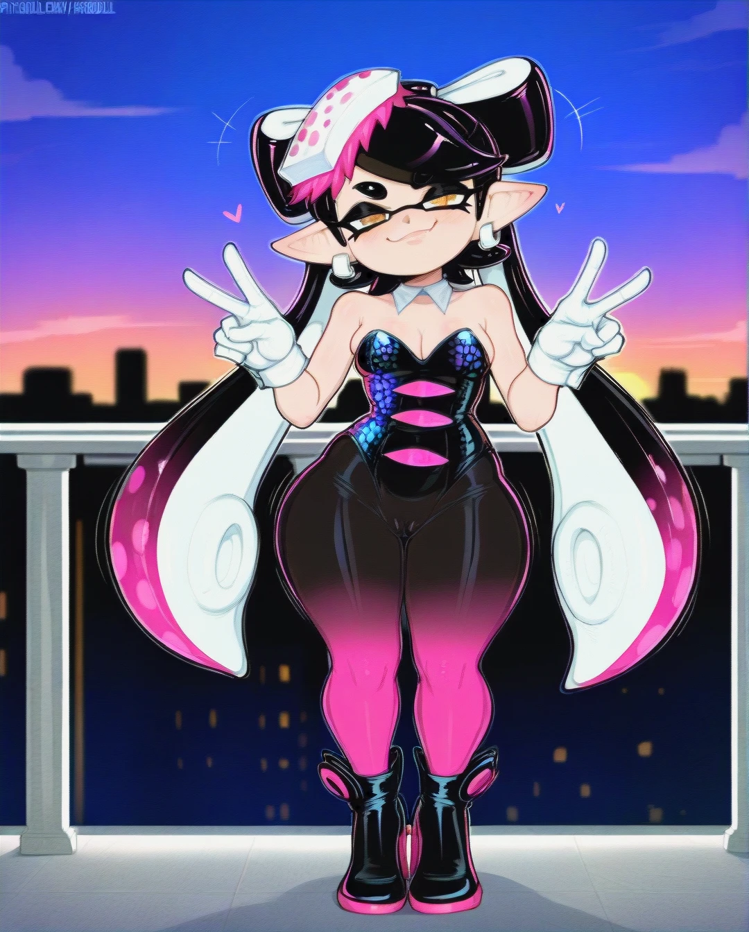 Doppel, afrobull, @callie head tilt (smug) bunny girl outfit, double peace sign, innie pussy, full body, standing on balcony during evening, massive hips,