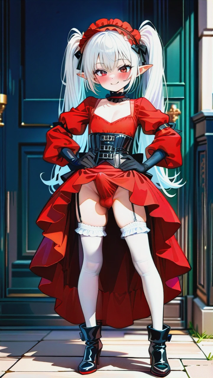 High_quality, (otoko_no_ko), (flat_chest), (frilled_thighhighs), garter_straps, pointy_ears, red_eyes, white_hair, red_dress, black_dress, elbow_gloves, frilled_headband, puffed_sleeves, frilled_choker, (cleavage_cutout),  (long_twin_ponytails), (ankle_boots_with_heels), slim_legs, corset, (legs_apart), (smile), (blush), (hands_on_hips), (erection_under_skirt), (erection_under_dress), penis_bulge,