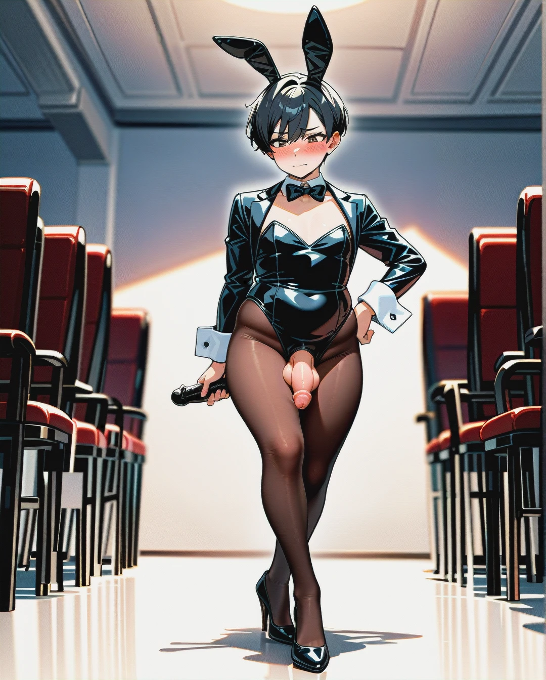 (plump) (reverse_trap), (futanari), (mature_female), (embarrassed), black pixie cut hair, bunny suit, bowtie, brown tights, flat chest, black high heel pumps, pokes penis, walking, club, (crossed_legs), (hand_on_hip)