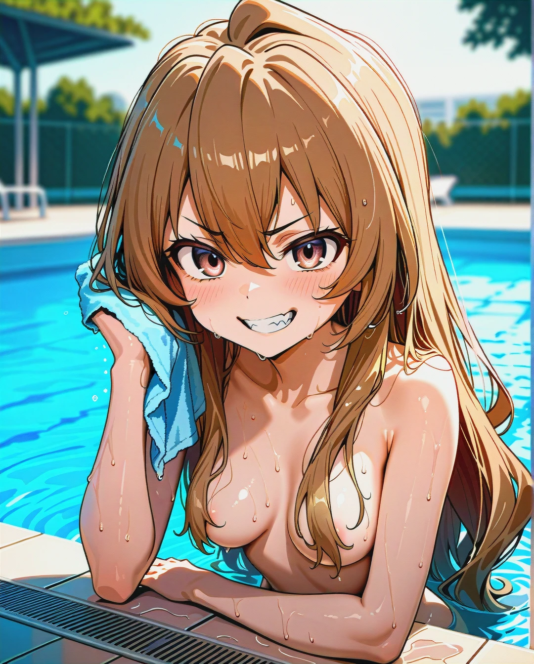 @aisaka_taiga, black stockings, nude, hair falls over breasts, hair falls over nipples, (evil_smile), (grin), (teeth), (clenched_teeth), medium breasts, (drying_hair), wet body, swimming pool, girl in swimsuit, girls in swimsuit around