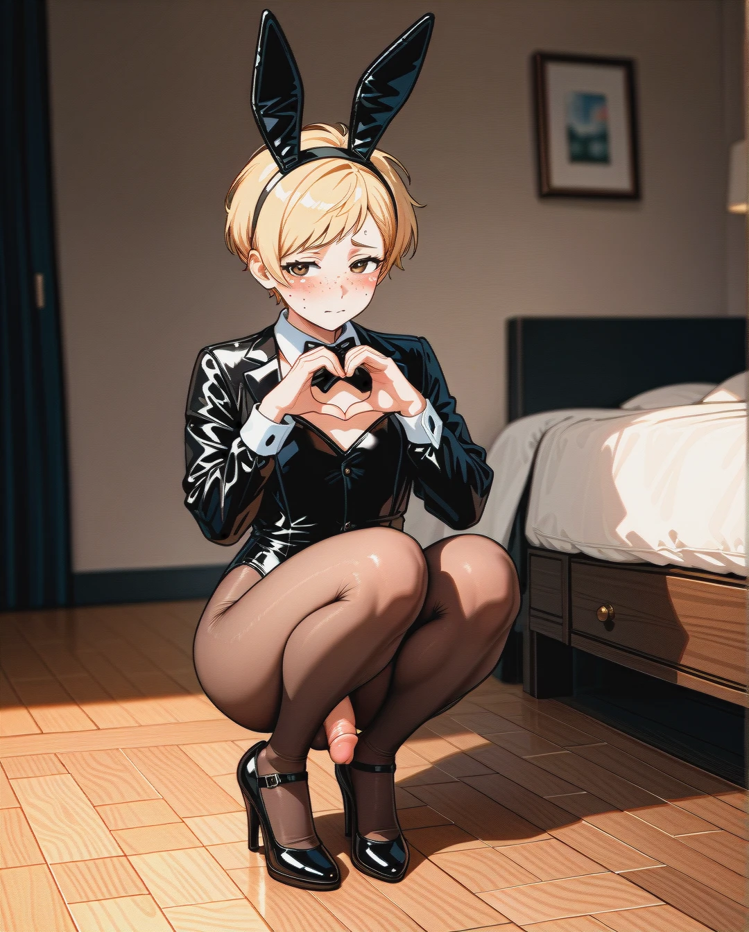 (fat) (reverse_trap), (futanari), (mature_female), (shy), blond pixie cut hair, freckles, black bunny costume, brown tights, flat chest, black Mary Janes high heel pumps, pokes penis, bedroom, (heart_hands)